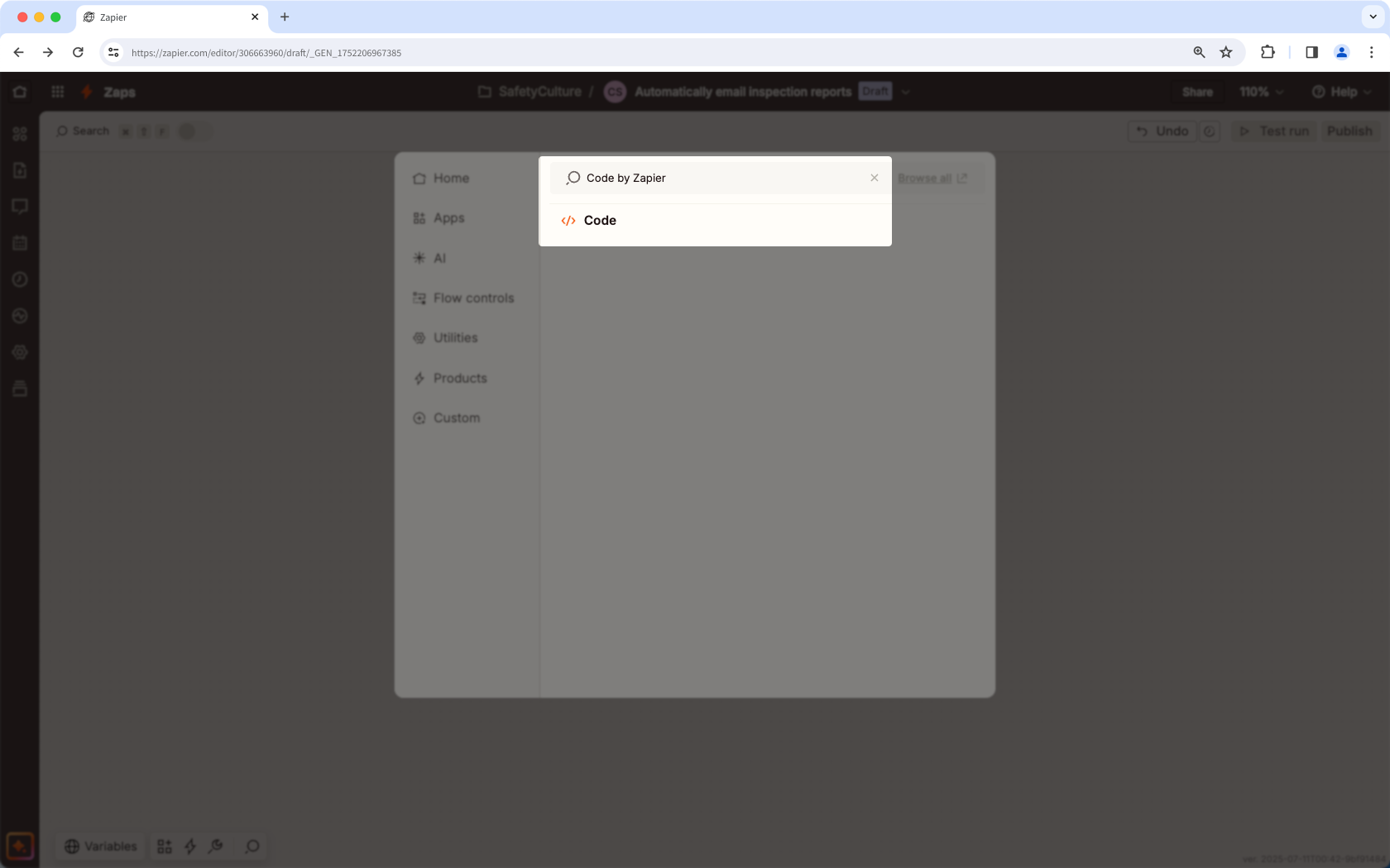 Sélectionnez l'action « Code par Zapier » dans Zapier.