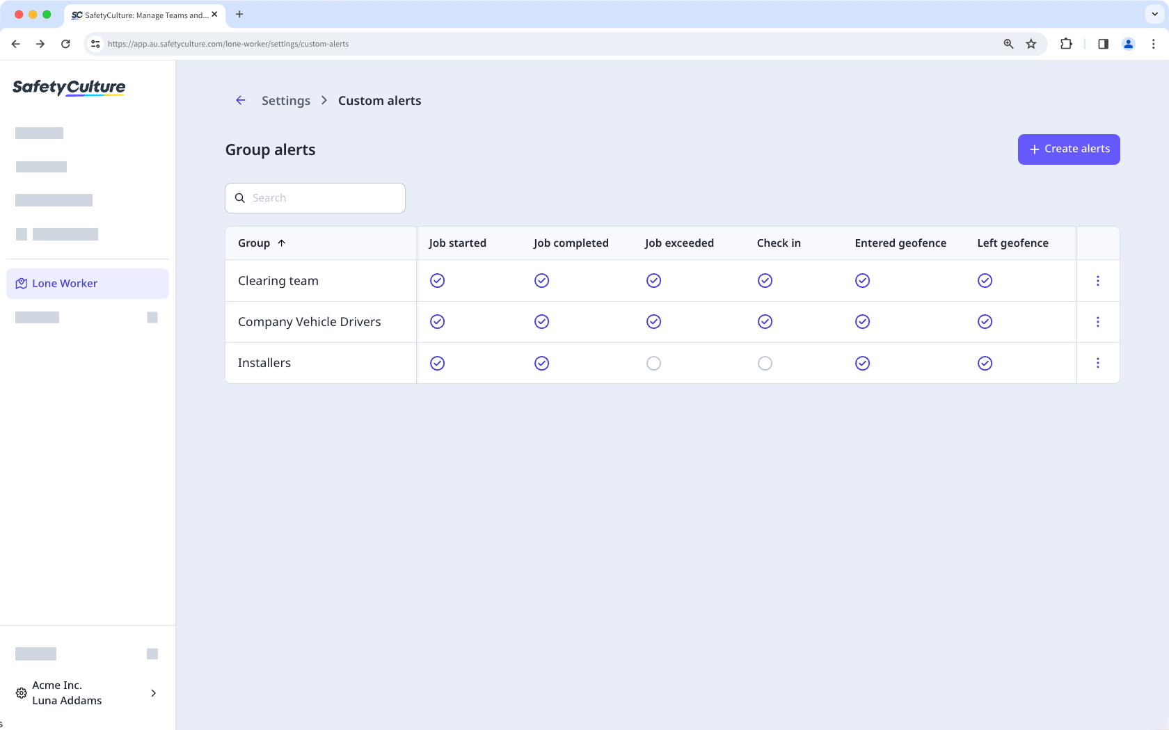 Group alerts page in Lone Worker settings.