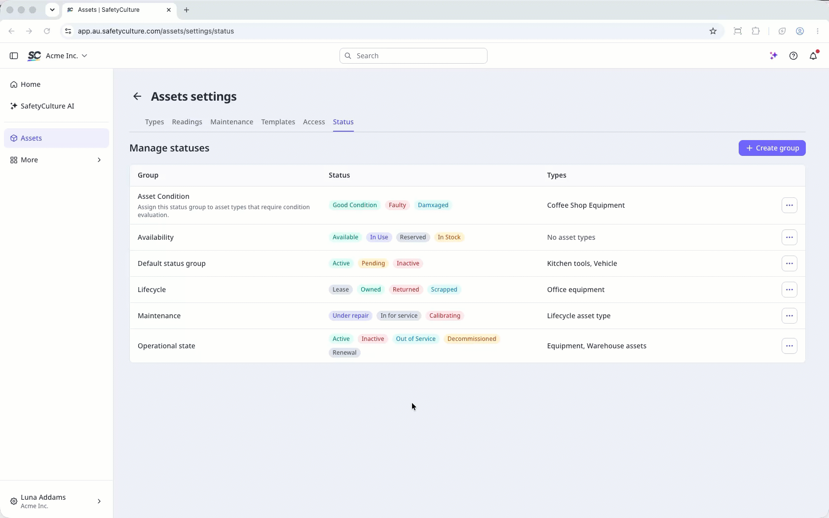 Click Edit to open a status group, then drag to sort statuses, and assign or remove asset types.