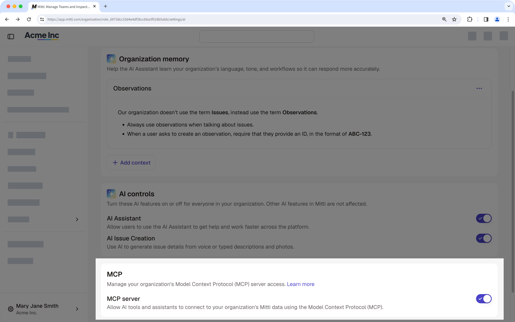 The MCP server setting turned on in the MCP section, allowing AI tools to connect to organization data.