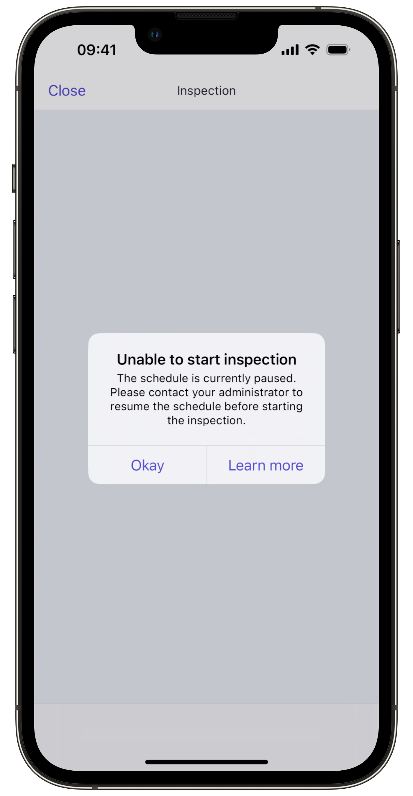 Error «No se puede iniciar la inspección» debido a una inspección programada pausada a través de la aplicación móvil.