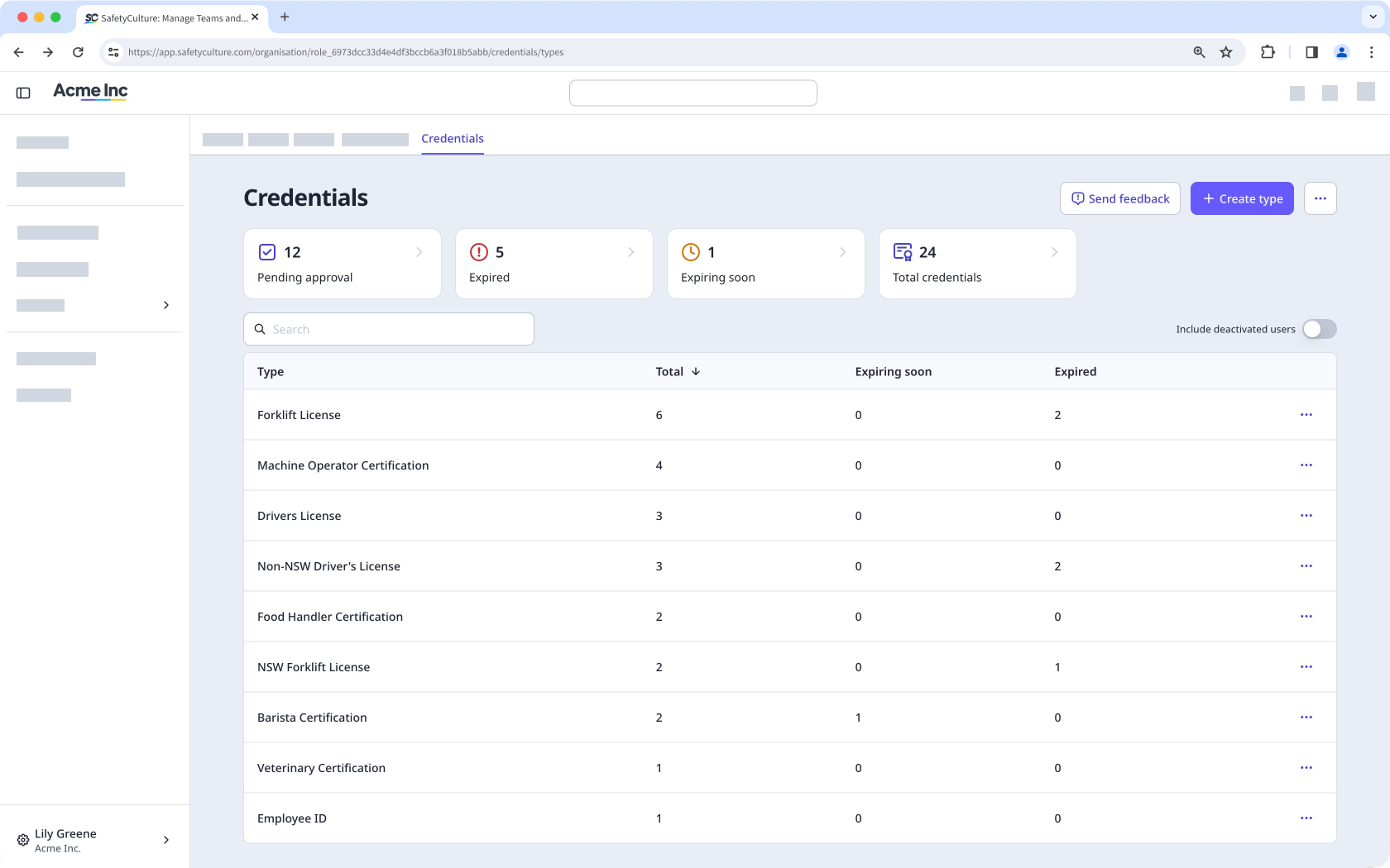 View the Credentials page with credential types and an overview of pending, expired, expiring, and total credentials.