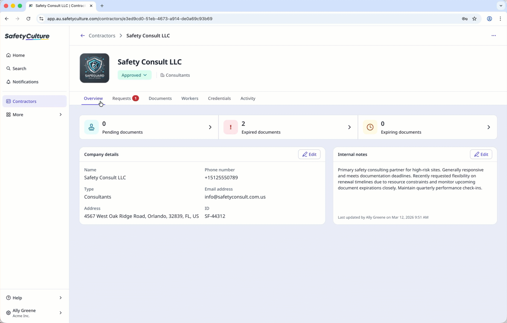 View overview, requests, documents, workers, credentials, and activity tabs in the company profile.