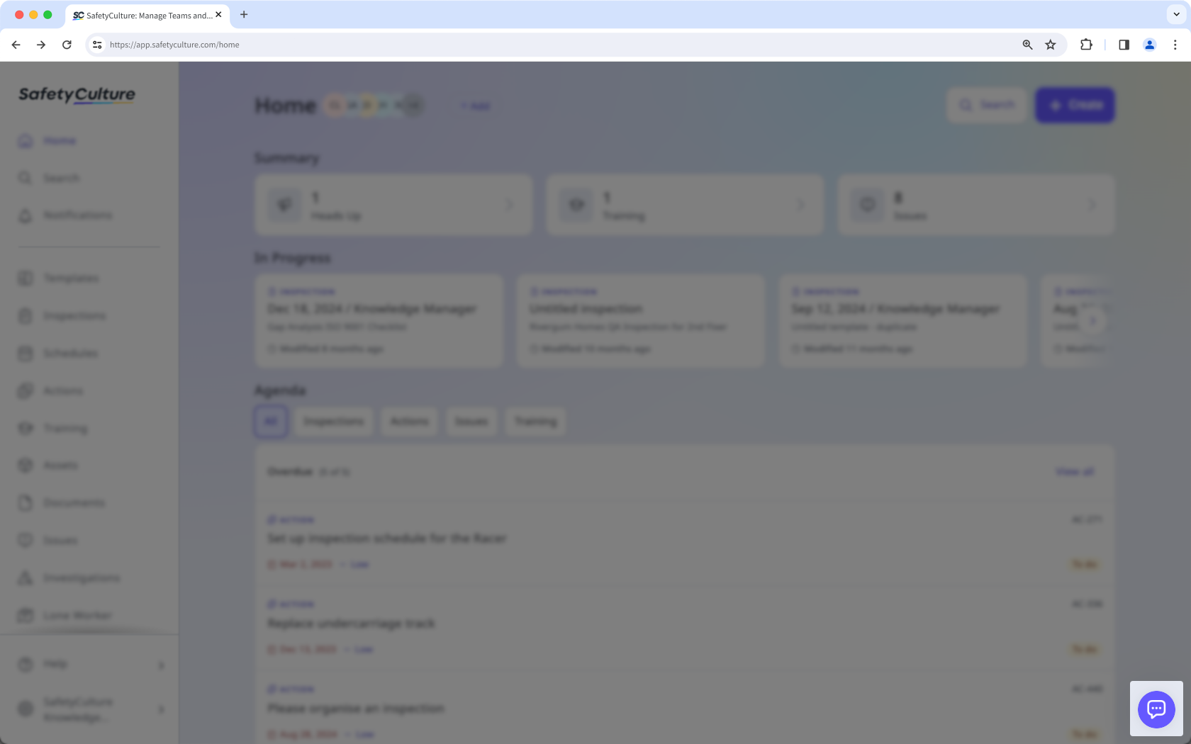 Le bouton du widget de chat permettant de contacter l'assistance technique SafetyCulture sur l'application Web.