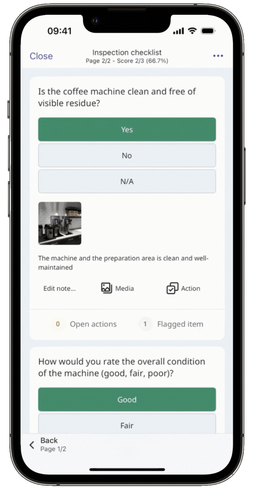 Ein Beispiel für die Anzeige historischer Multiple-Choice-Antworten in einer Inspektion in der Mobile-App.