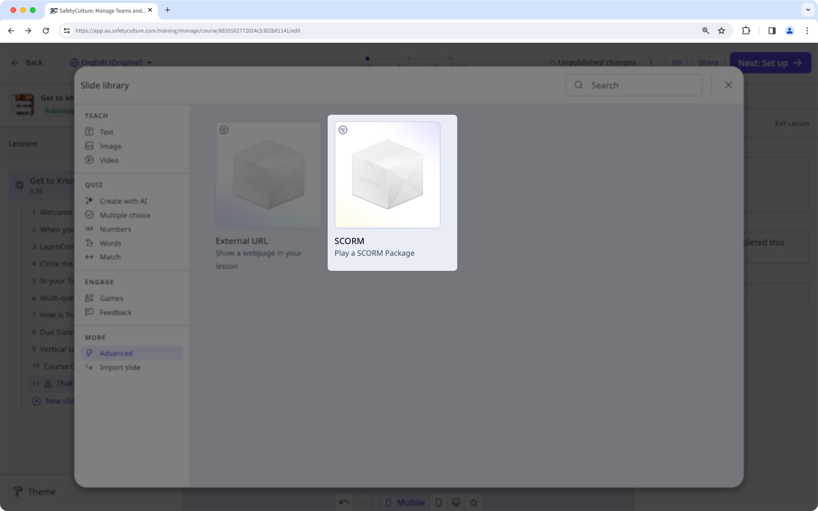 Import a SCORM package as a lesson slide via the web app.