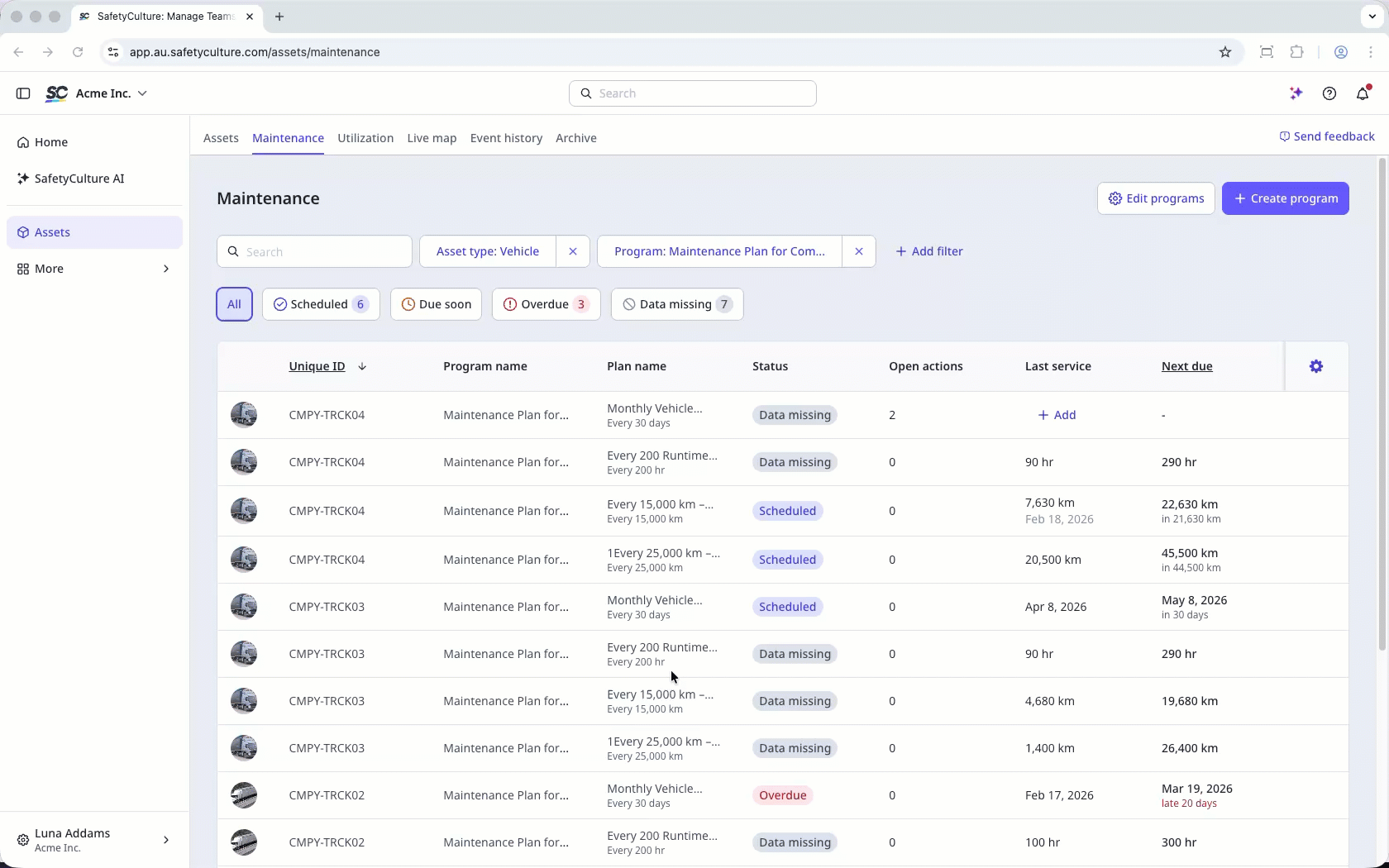 Select the maintenance plan or the asset, click "create action" on the side panel.