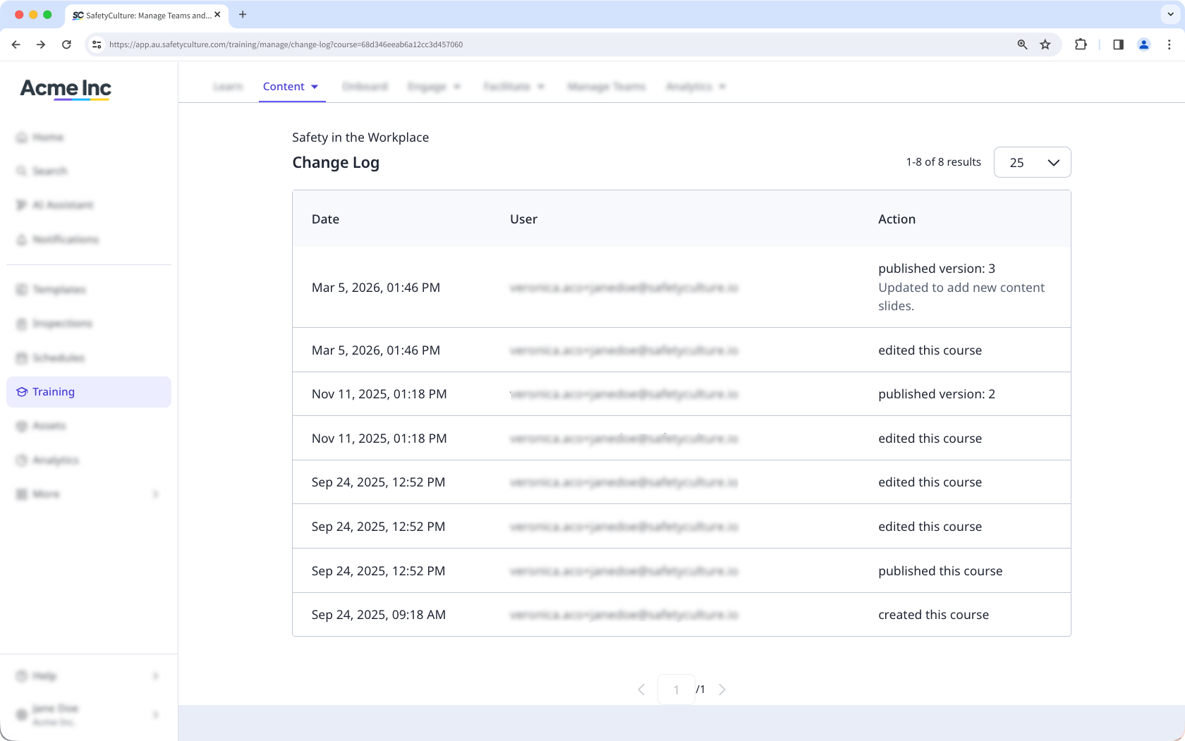 The change log of a course showing date, user, and action.