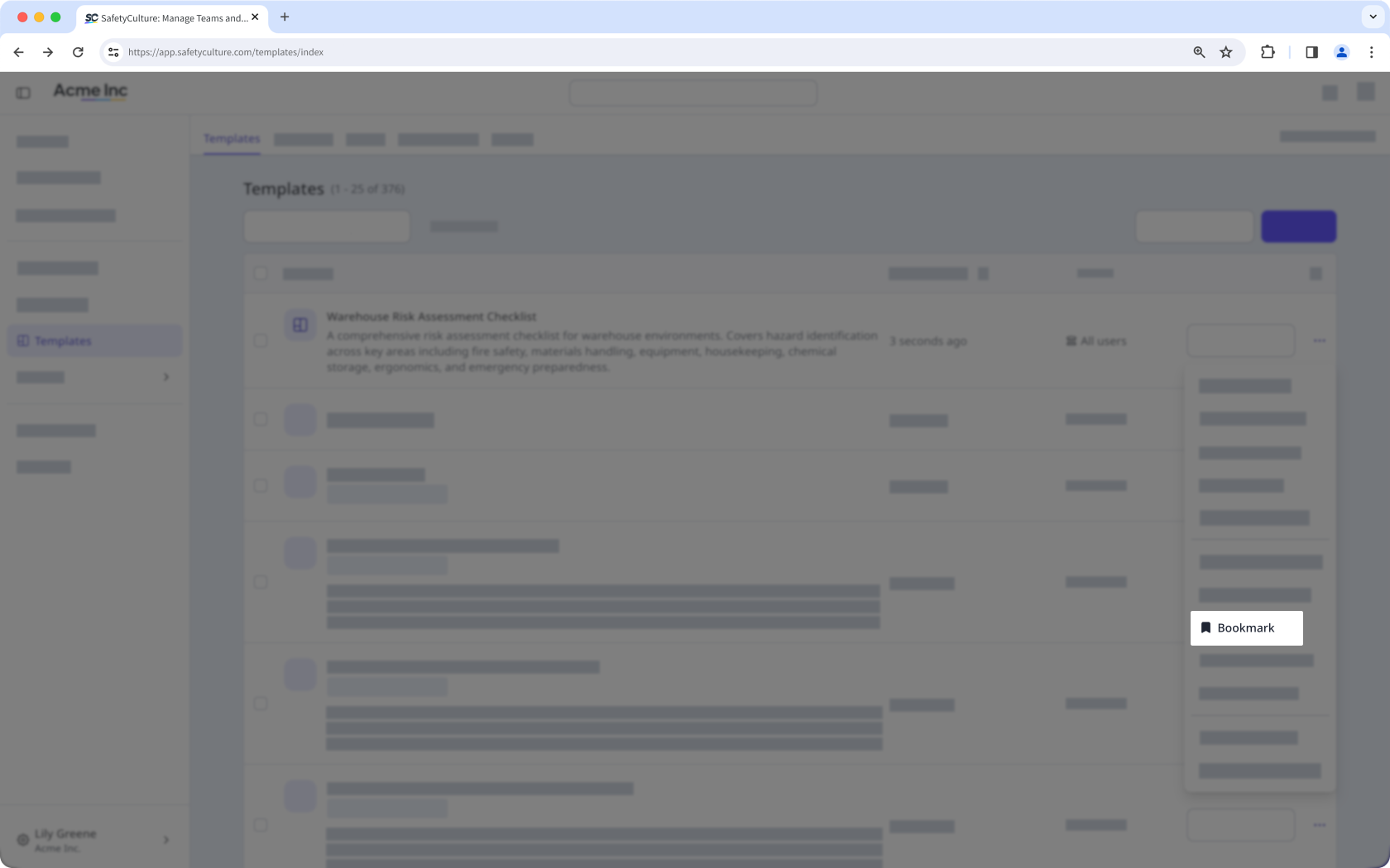 The templates list with a template's Bookmark button visible.