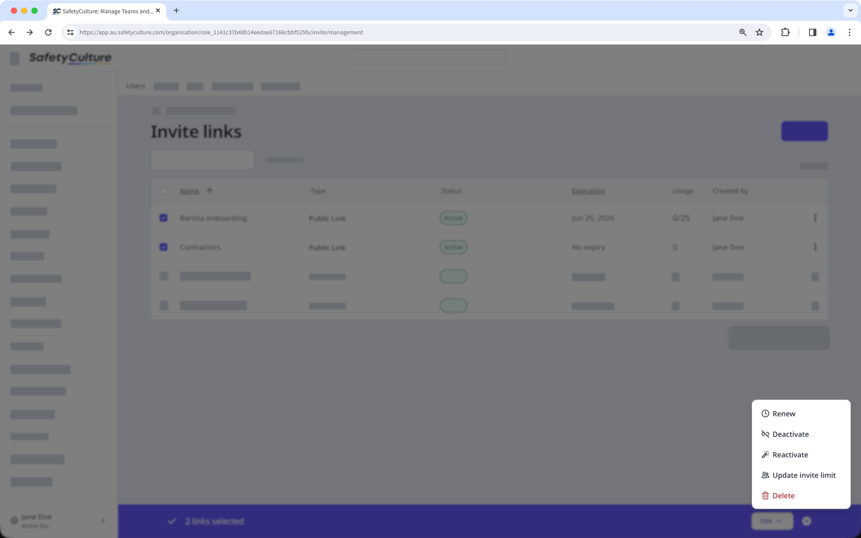 The invite links page showing the option to bulk delete invite links.
