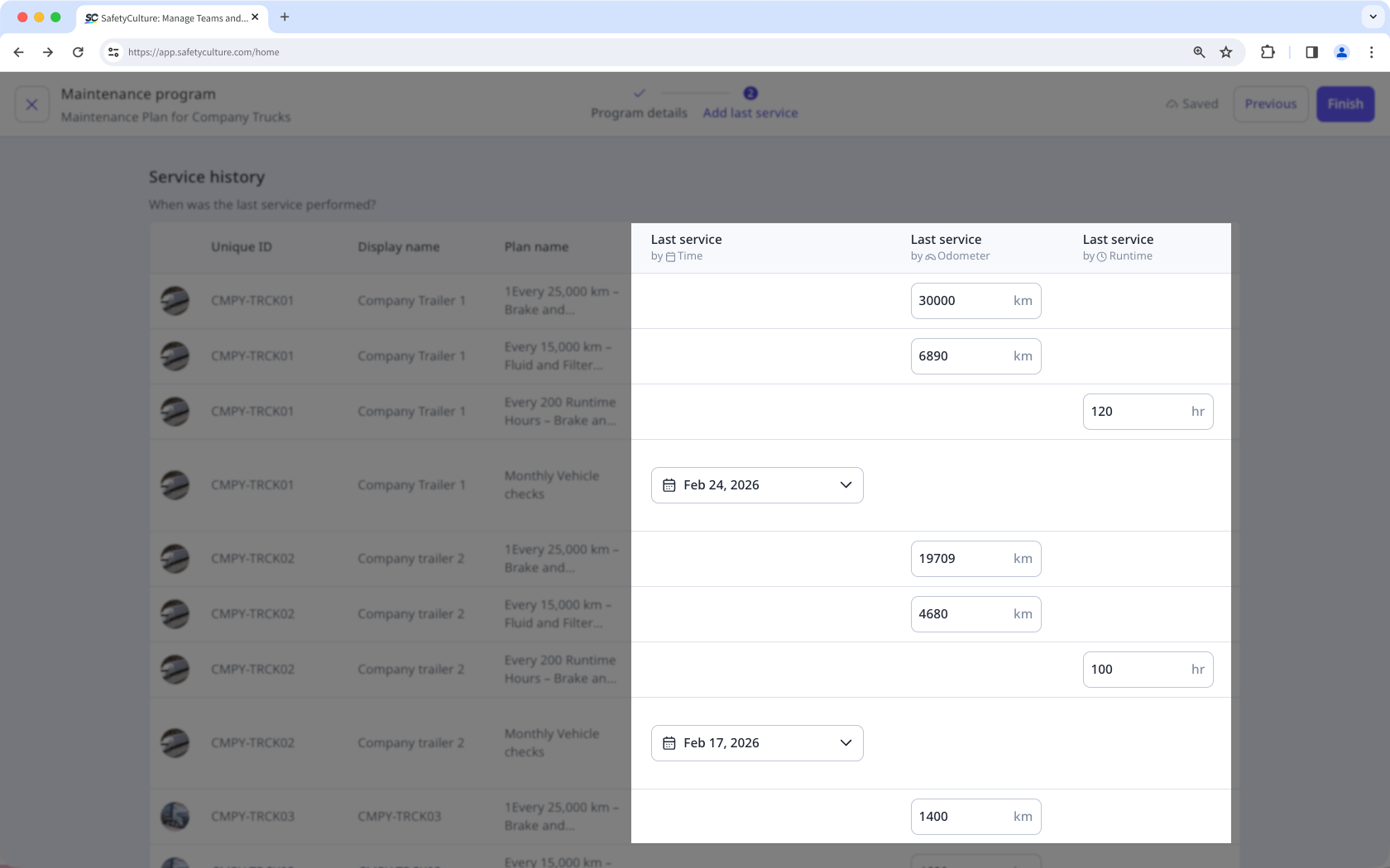 Añadir fechas del último servicio y último servicio de los activos en un esquema a través de la aplicación web