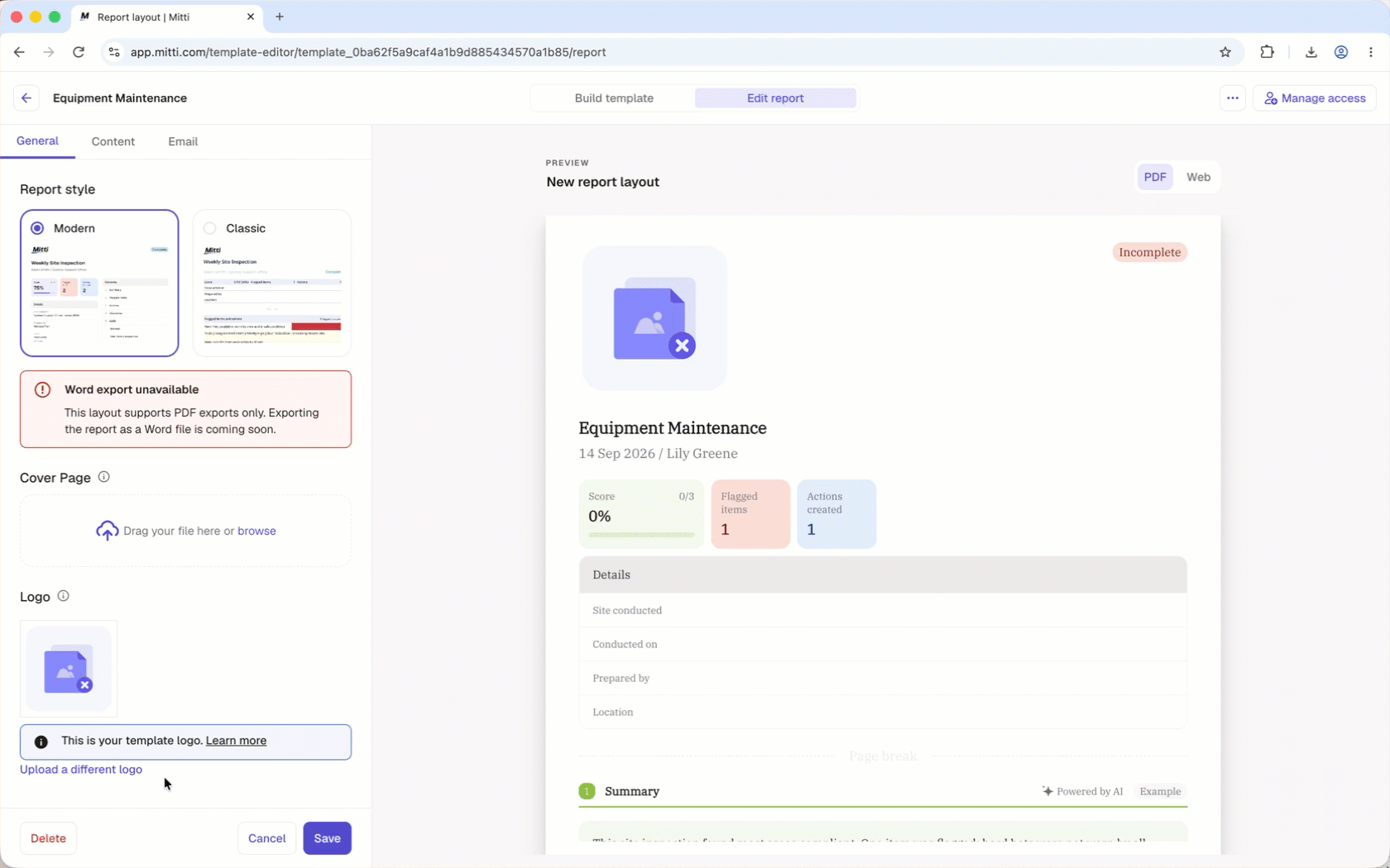 Click browse to select and add an inspection report logo.