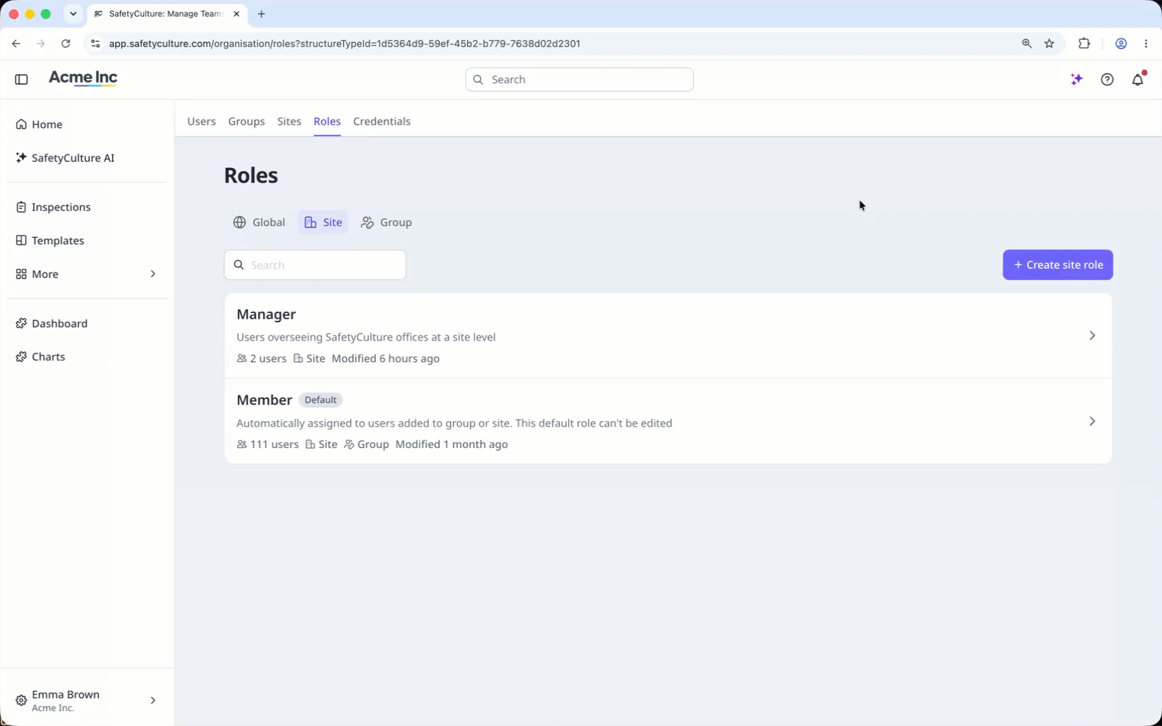 Select permissions to apply when creating a group or site role.