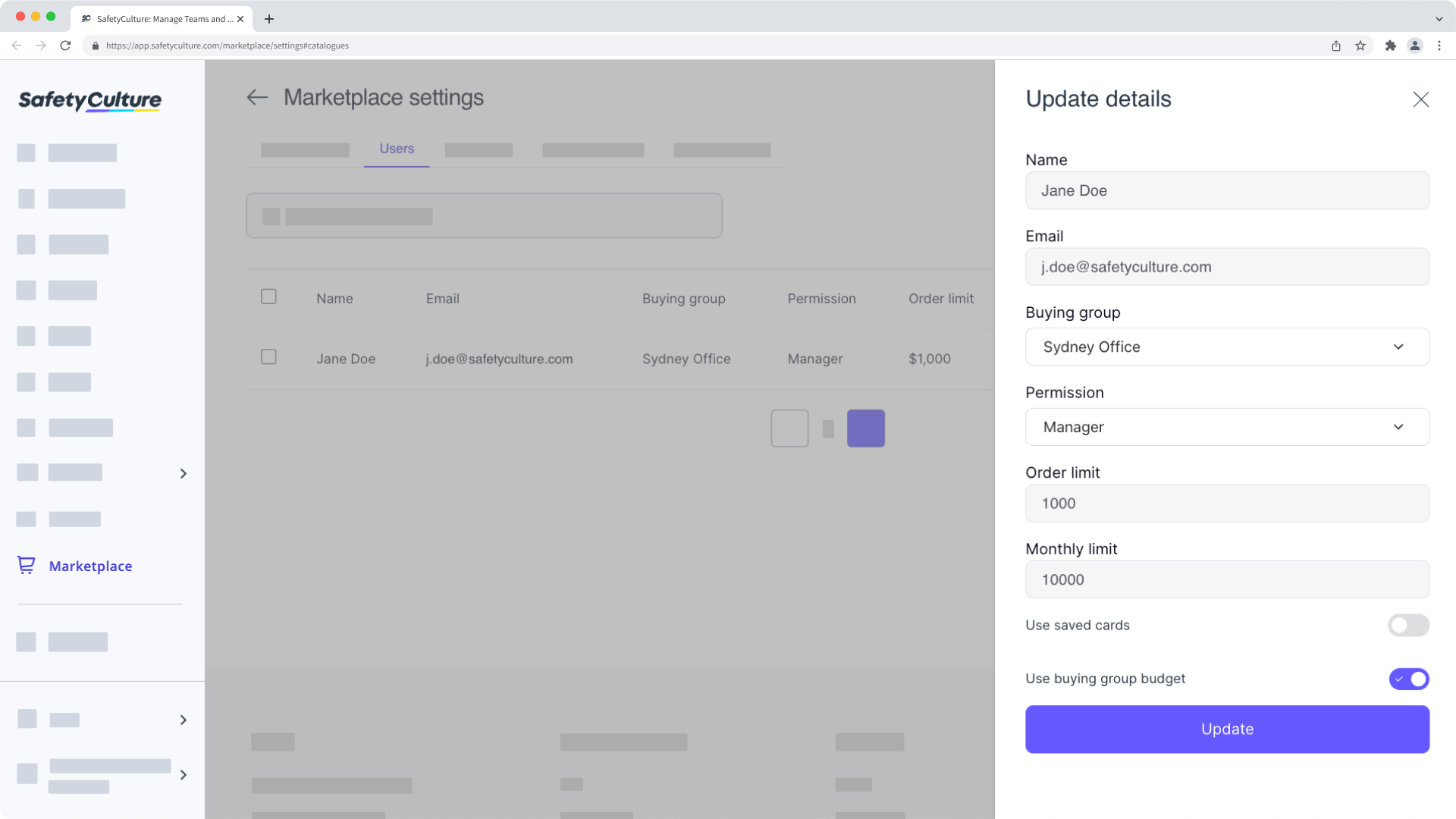 Les coordonnées d'un utilisateur dans SafetyCulture Marketplace sur l'application Web.