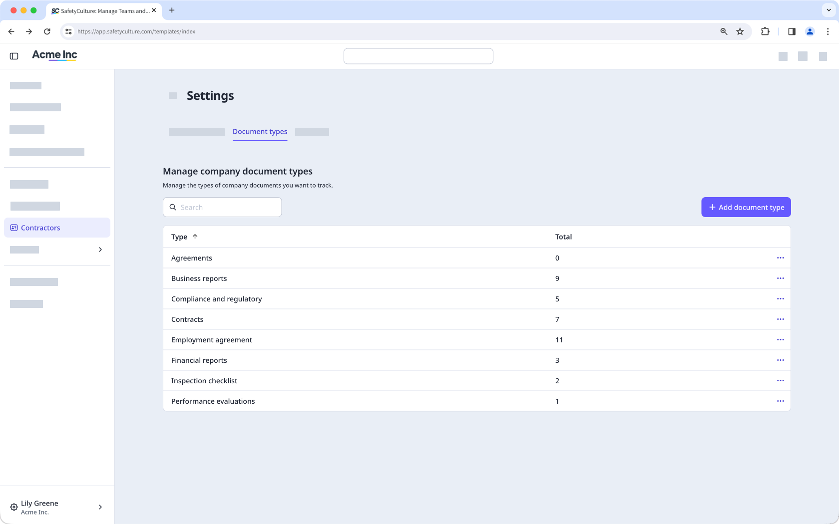 The Document types tab in Contractors settings, showing the list of company document types.