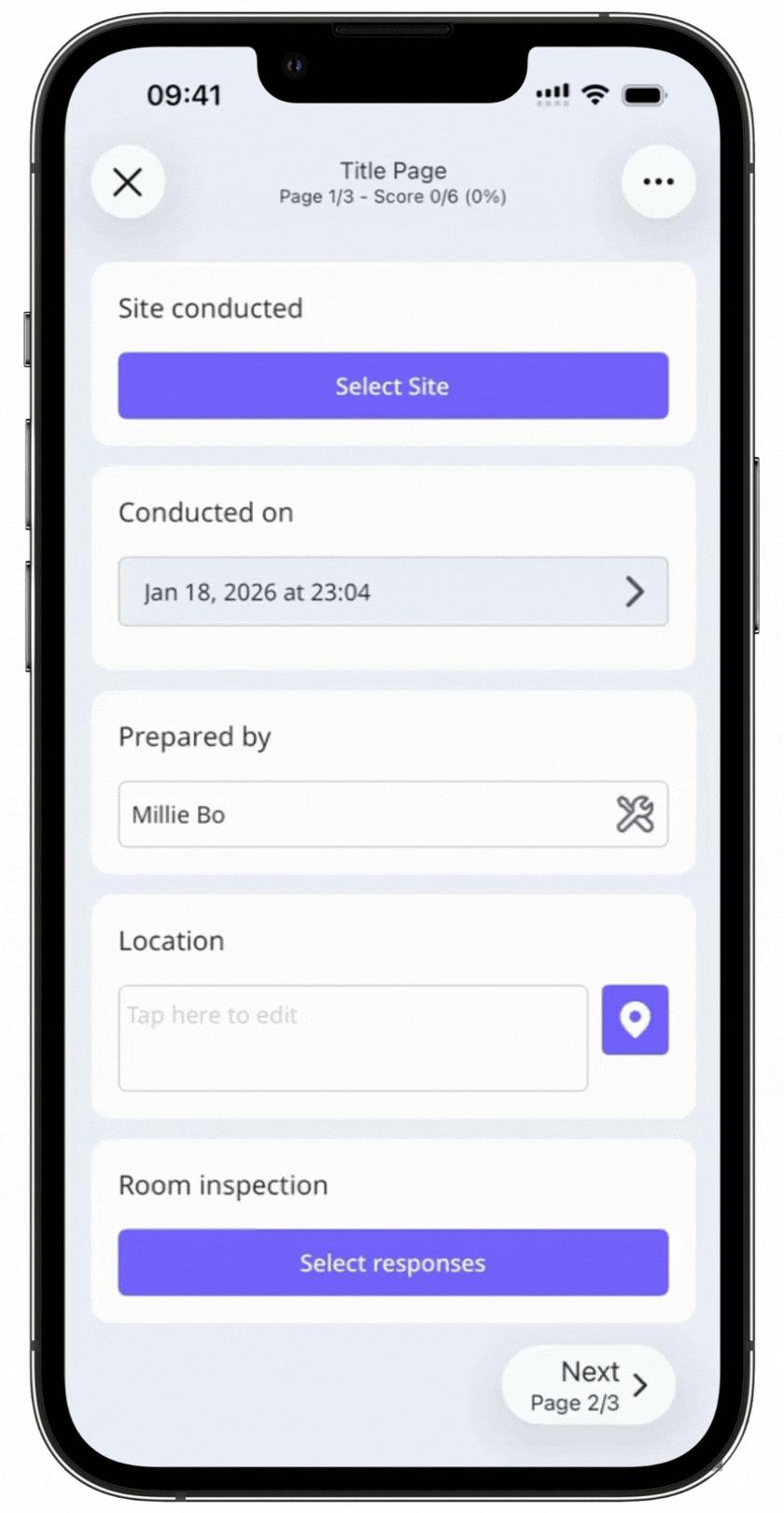 Select a site from an inspection via the mobile app.