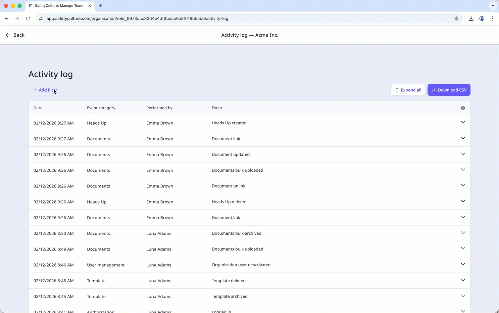 Filter the activity log, view event details, and download the results as CSV.