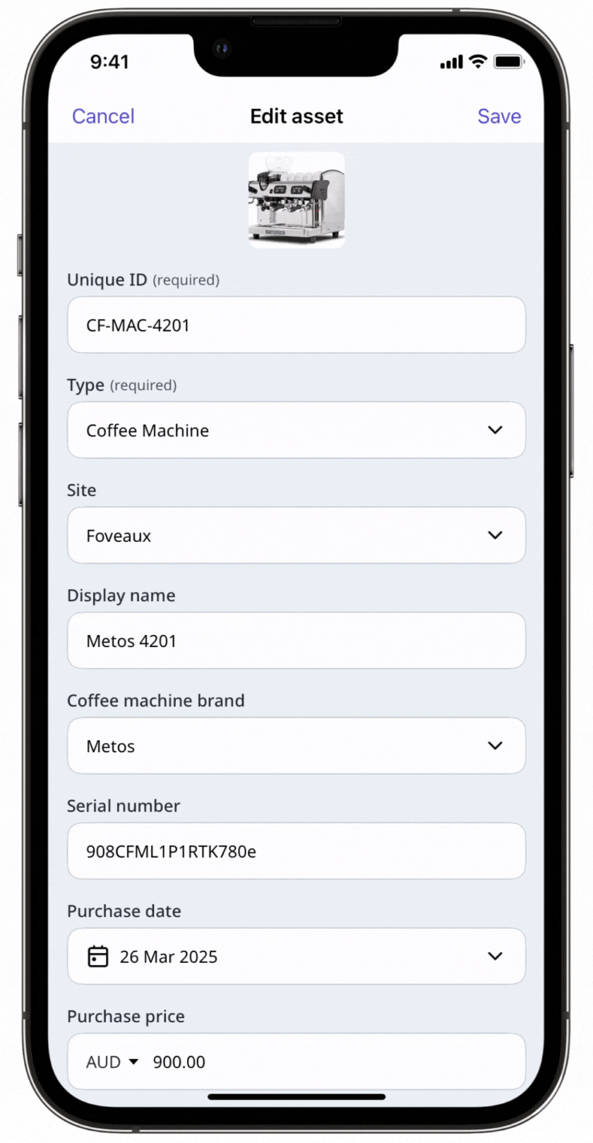 Edit asset details via the mobile app.