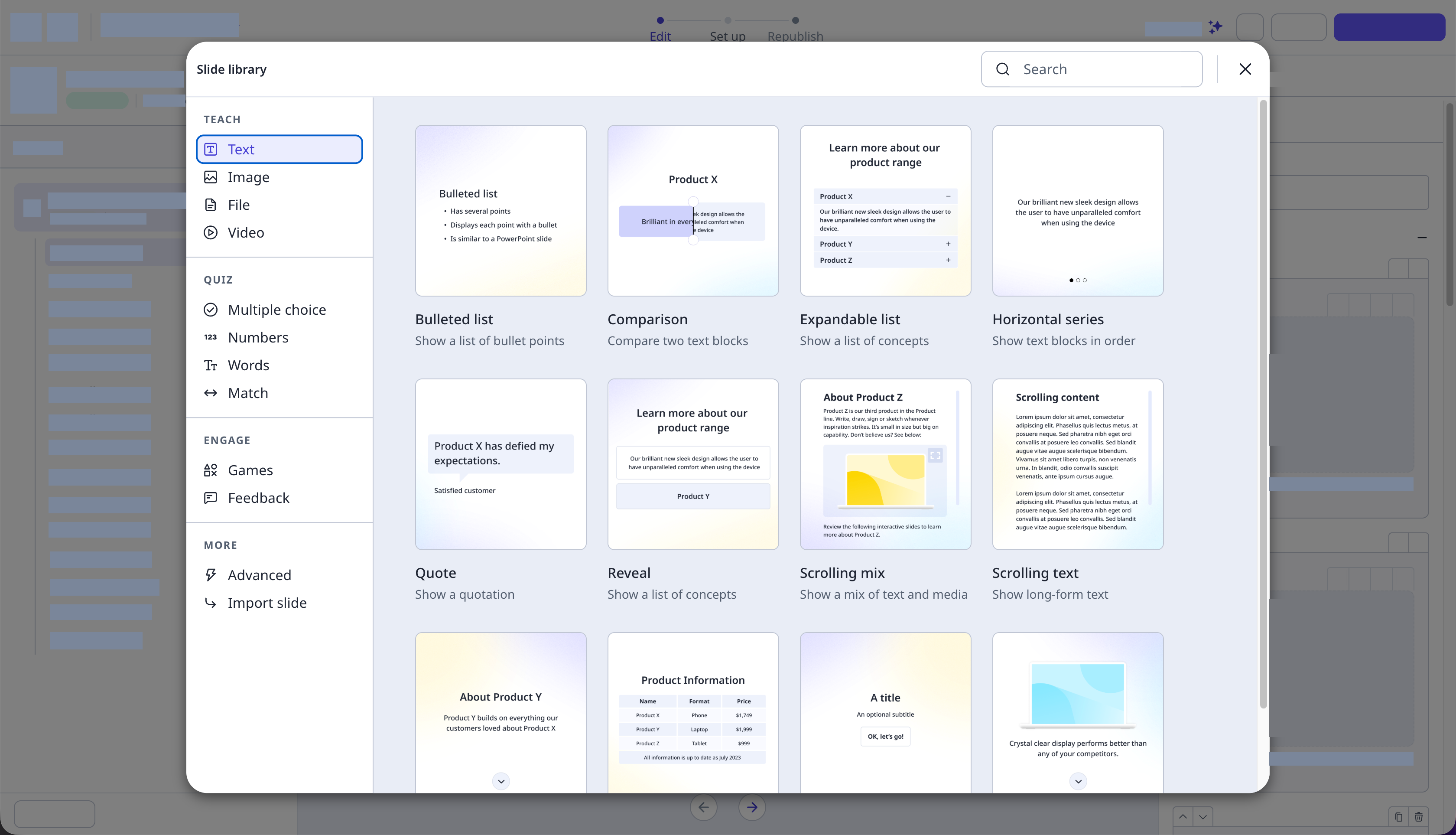 The slide library with all the slide templates visible.