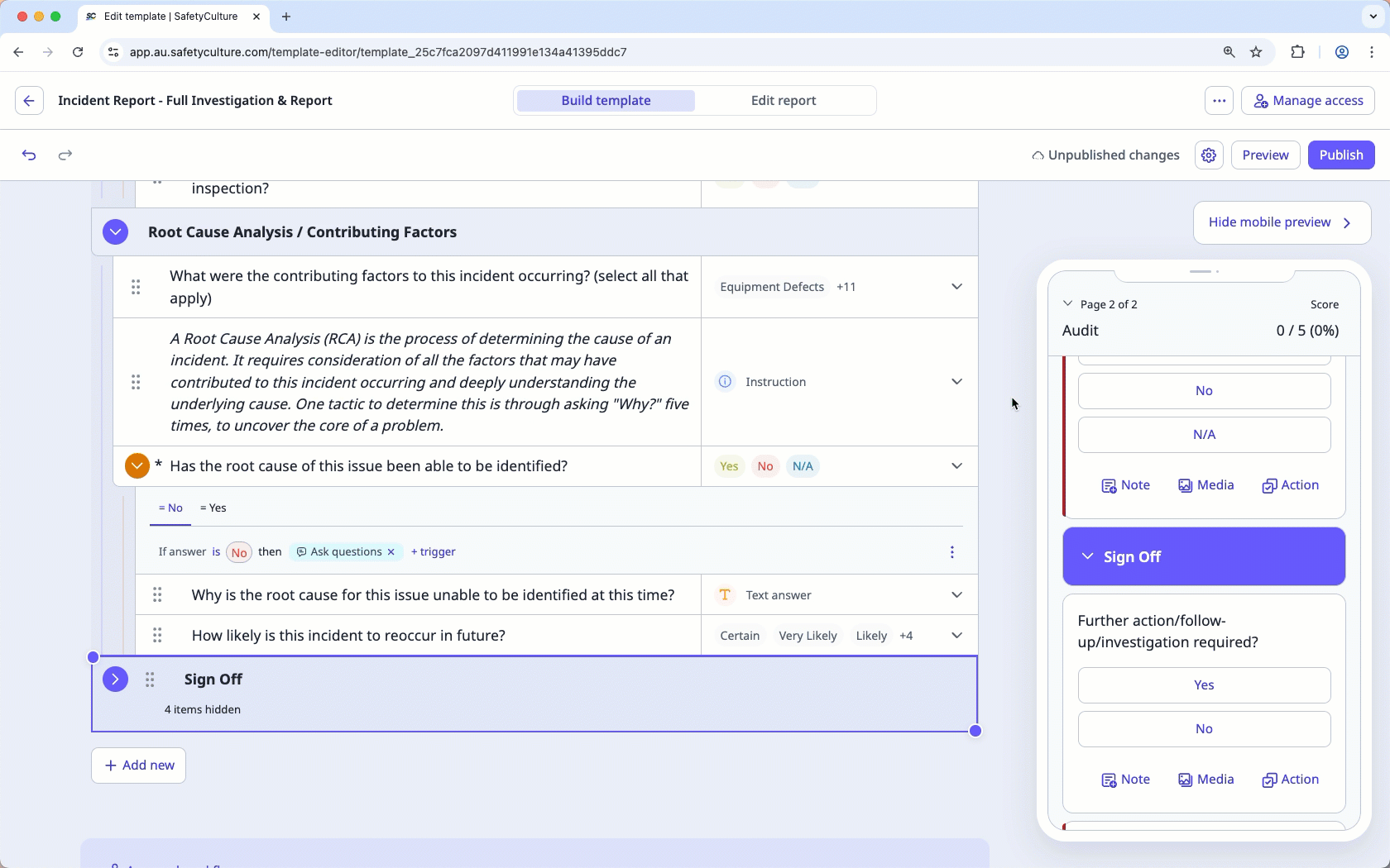 Add a line break within a question in the template editor via the web app.