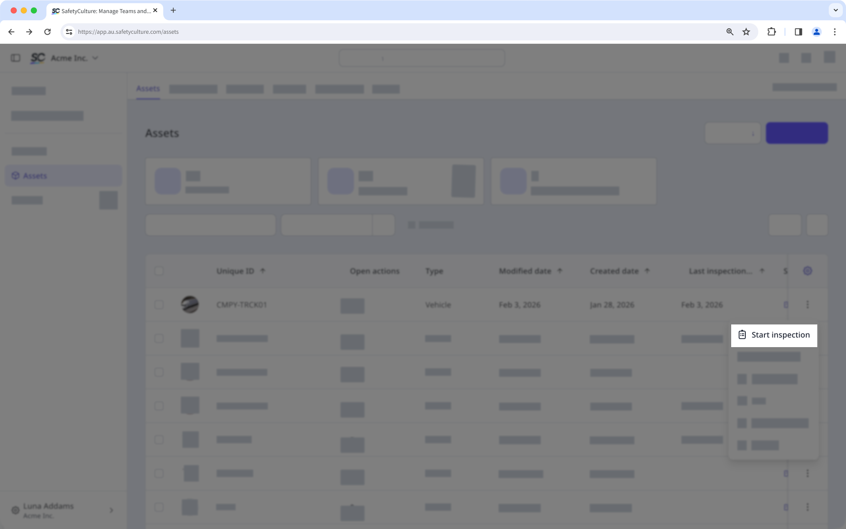 Click more from the right-hand side of the asset and select start inspection.