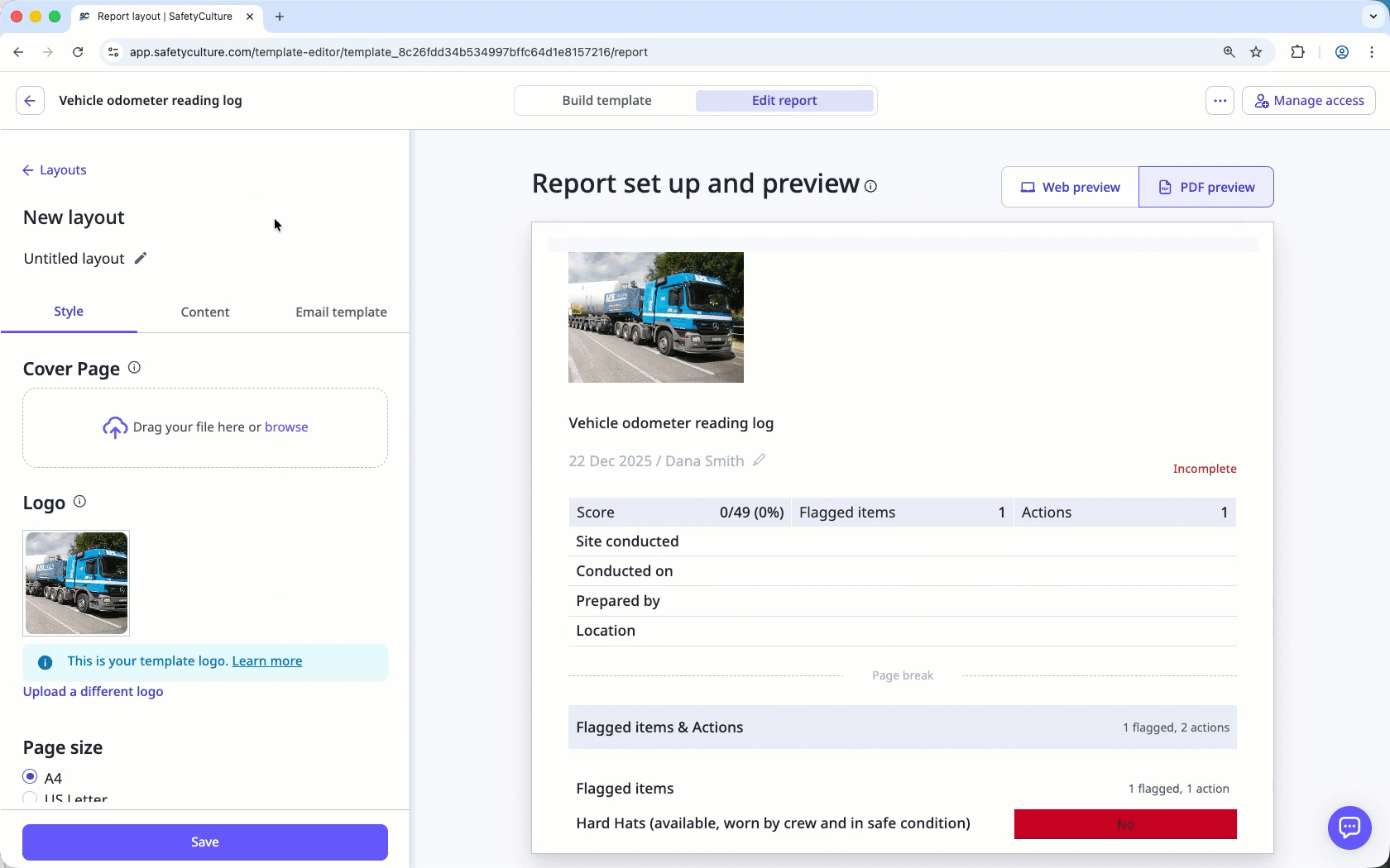 Create a report layout via the web app.