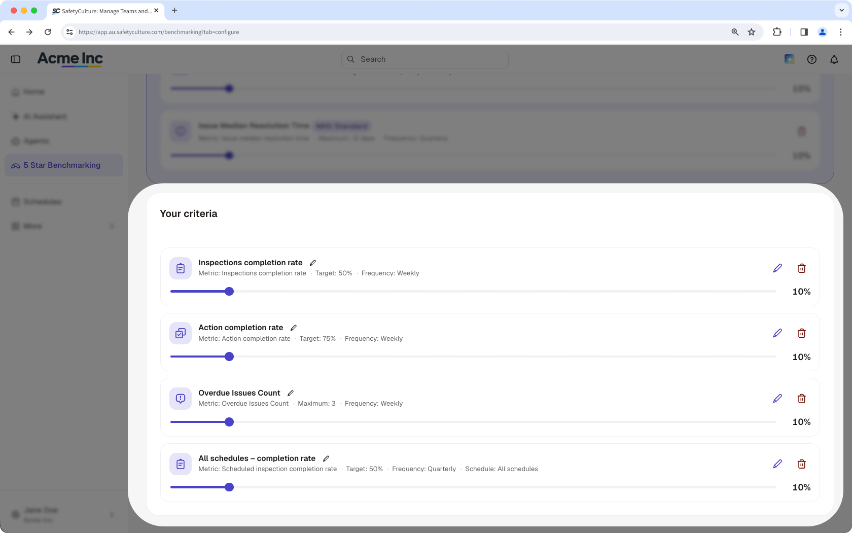 The 'Configuration' page showing the criteria list.