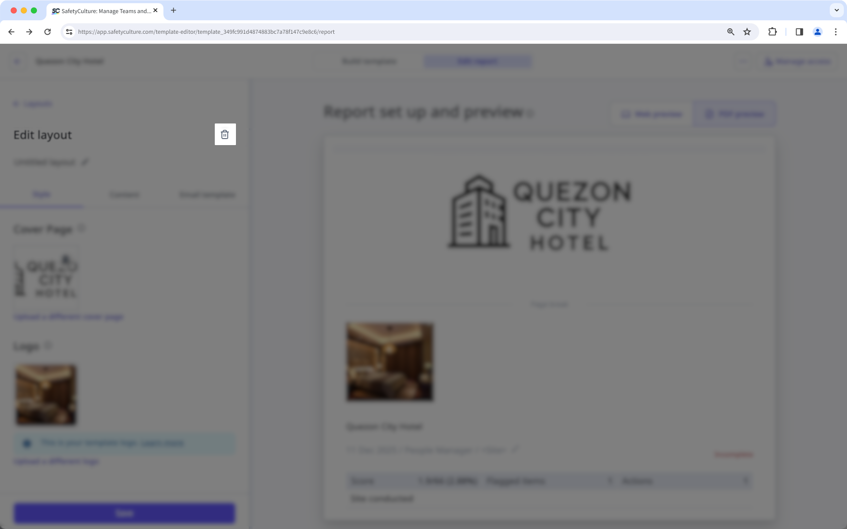 Delete a report layout via the web app.