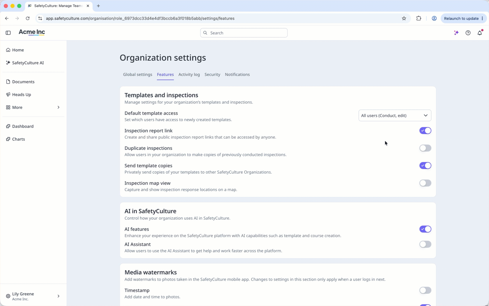 Select the Feature tab in Organization settings and turn on multiple feature settings.