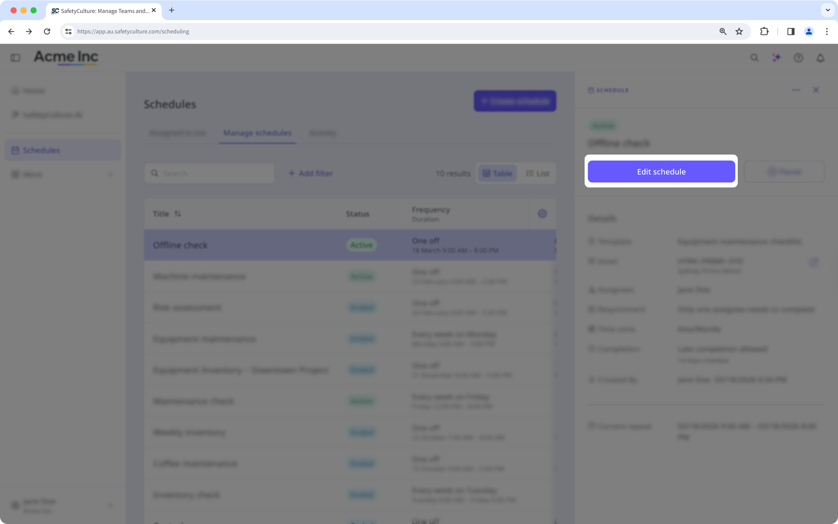 Die Schaltfläche "Zeitplan bearbeiten" in der Funktion Zeitpläne in der Web-App.