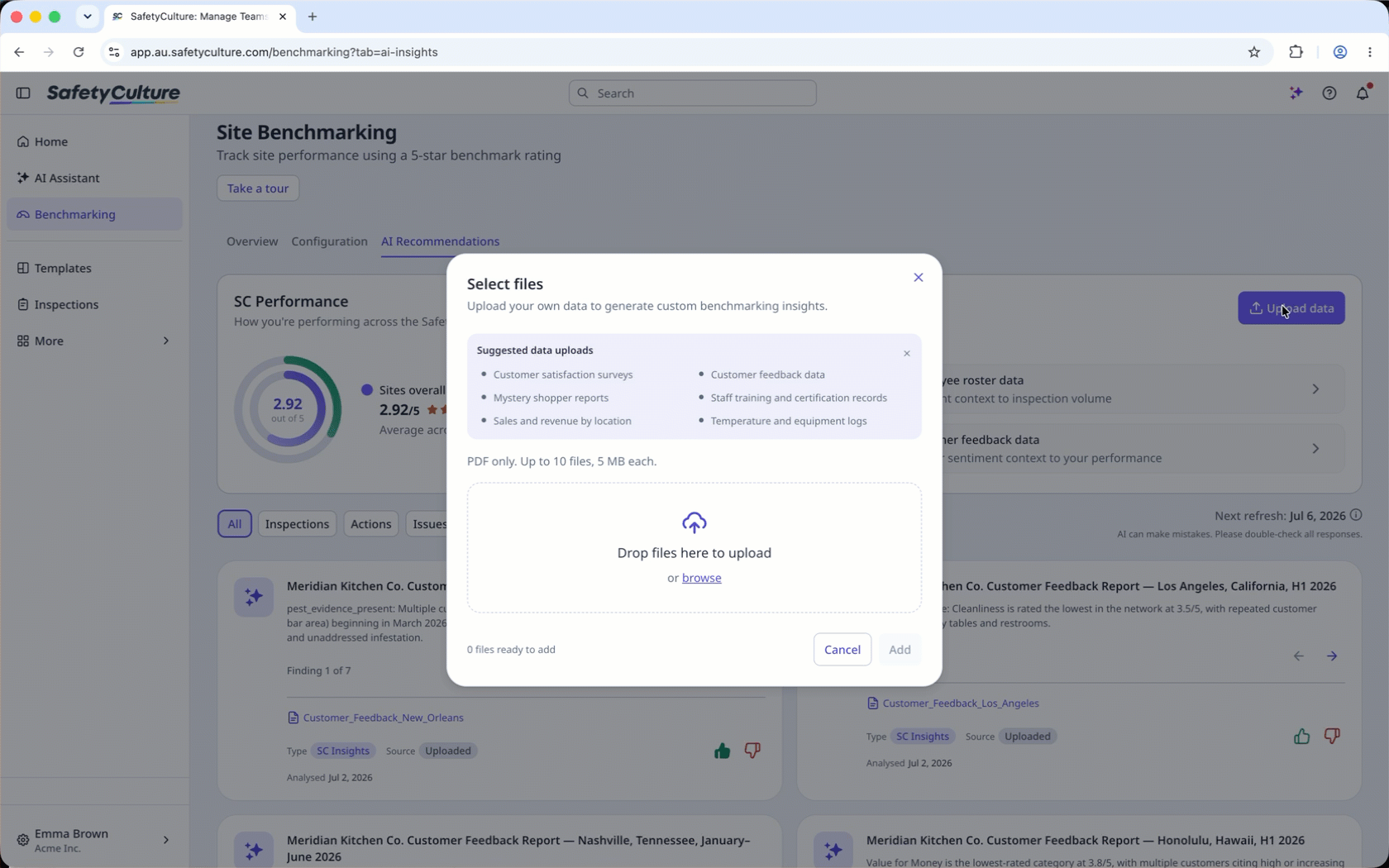 Select files to upload data in Site Benchmarking.