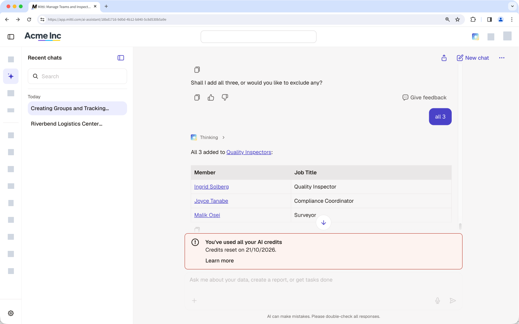 The AI Assistant chat showing three members added to Quality Inspectors, with a 'You've used all your AI credits' error message.