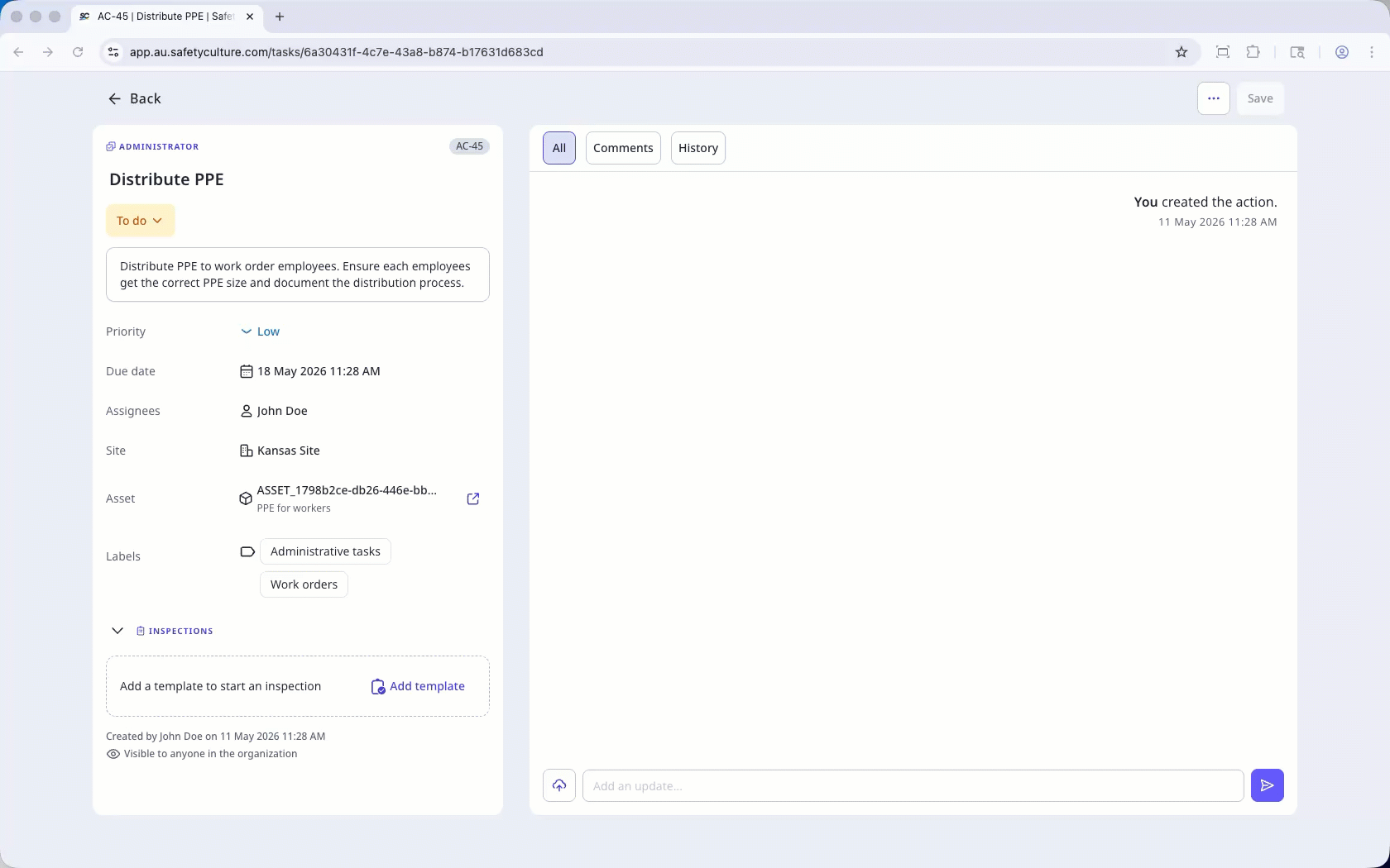 Add a template to a standalone action via the web app.