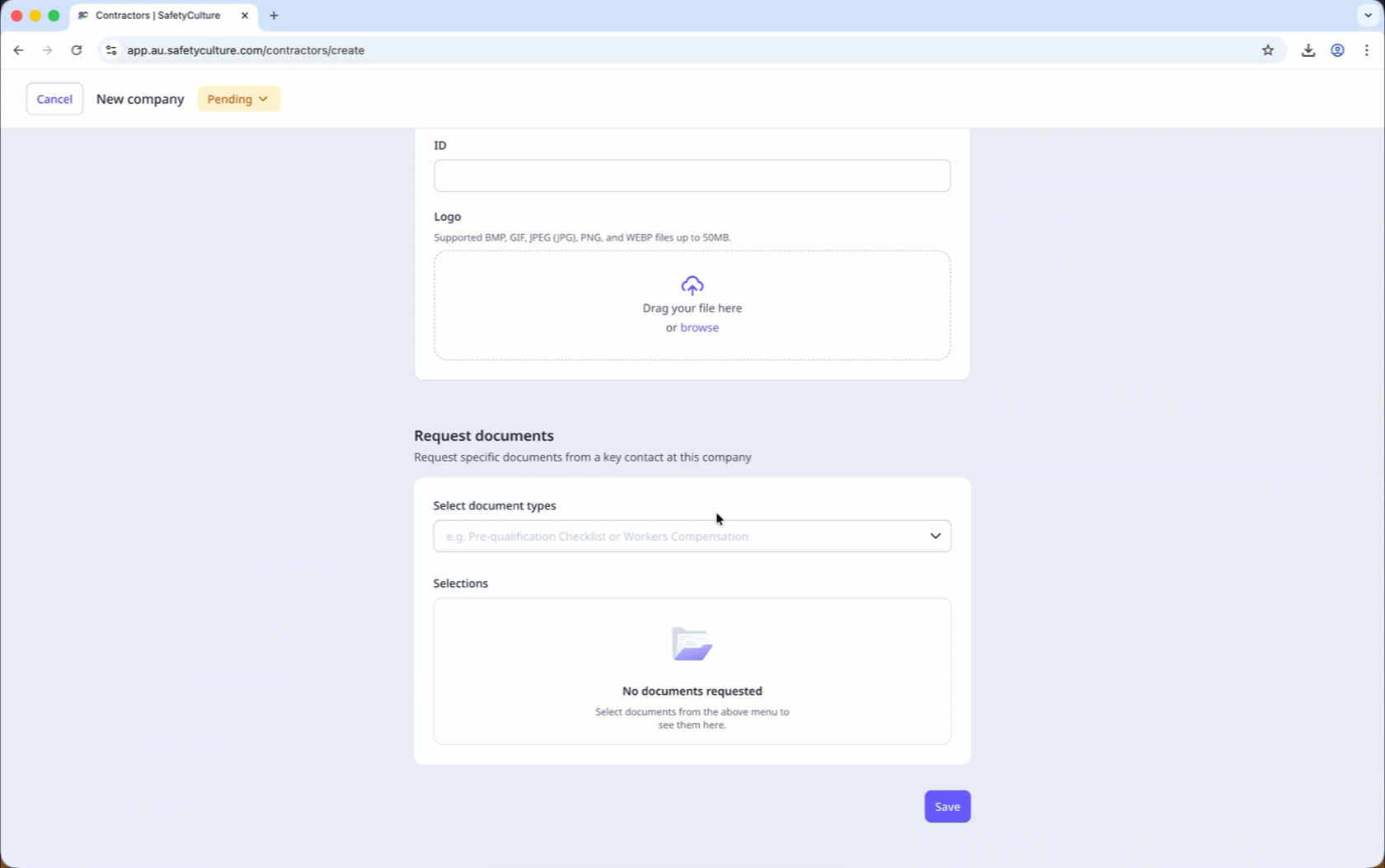 Request documents and nominate a new user as key contact for a new company.