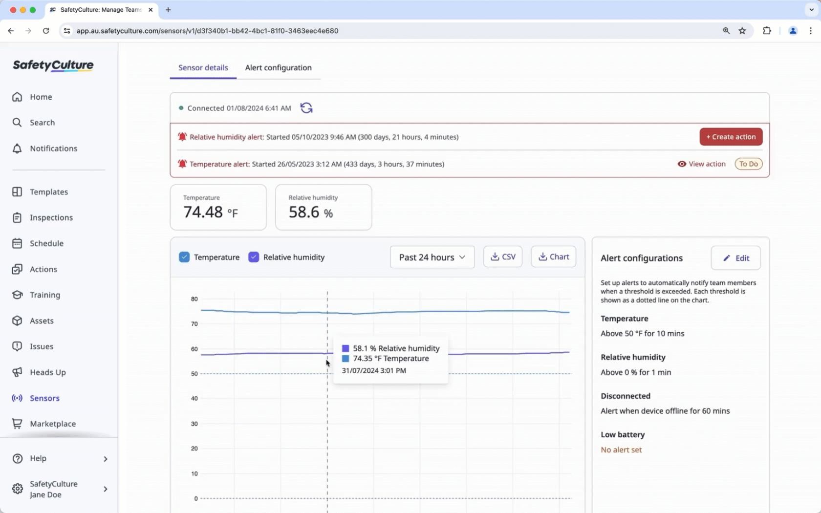 Sensor reading of temperature and relative humidity via the web app