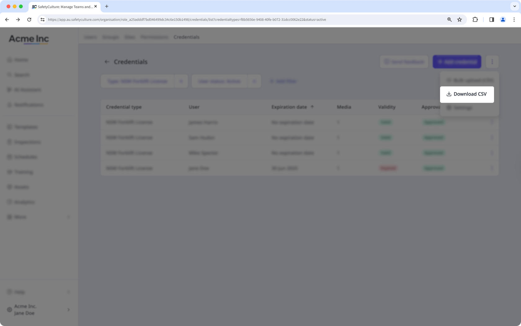 Download credentials as CSV via the web app.