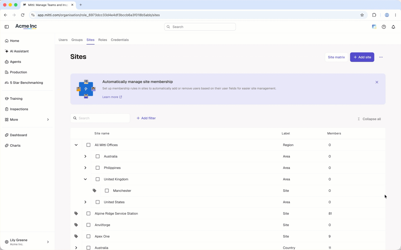 Click the plus icon to add a level directly from your sites list.