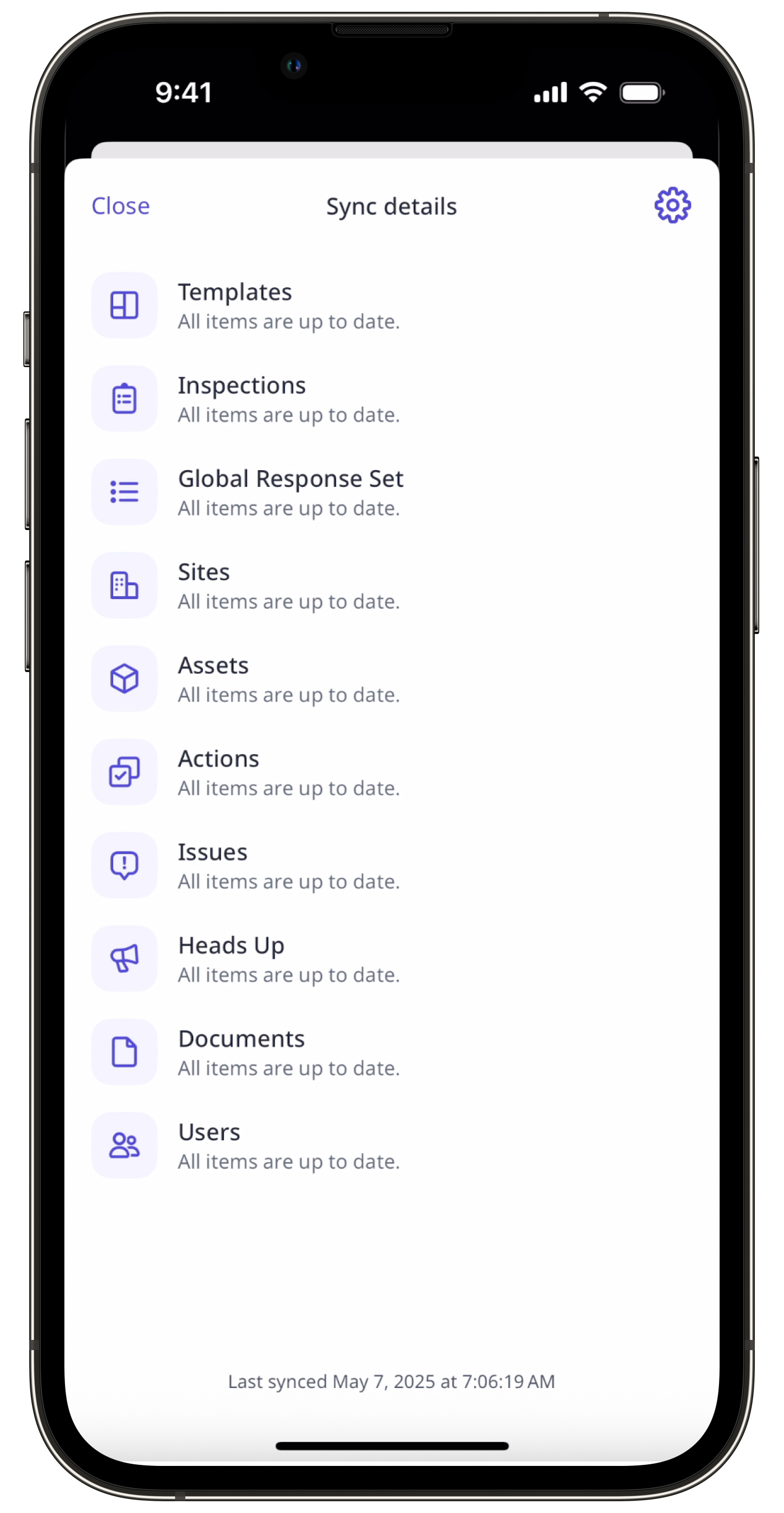 The detailed syncing status list on the mobile app.