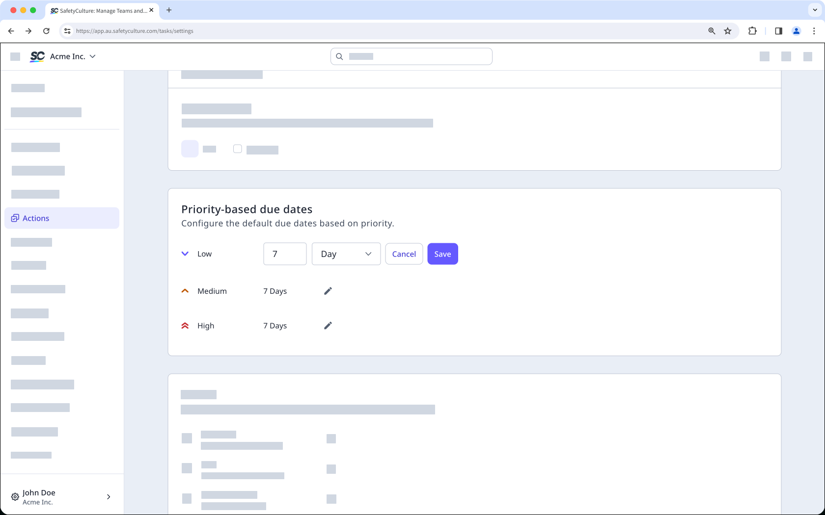 Configure priority-based due dates for actions via the web app.