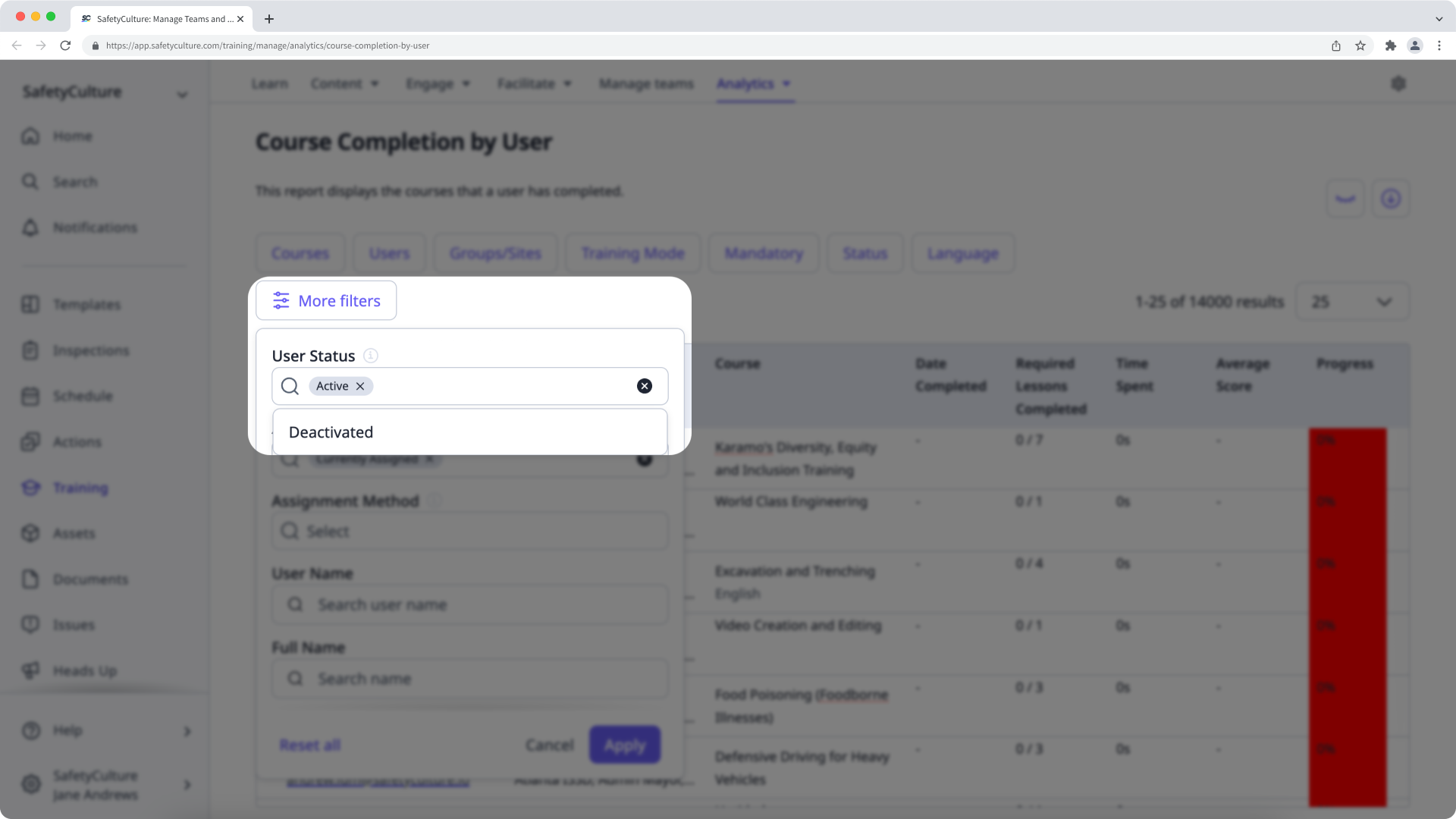 Filter deactivated users in training analytics via the web app.