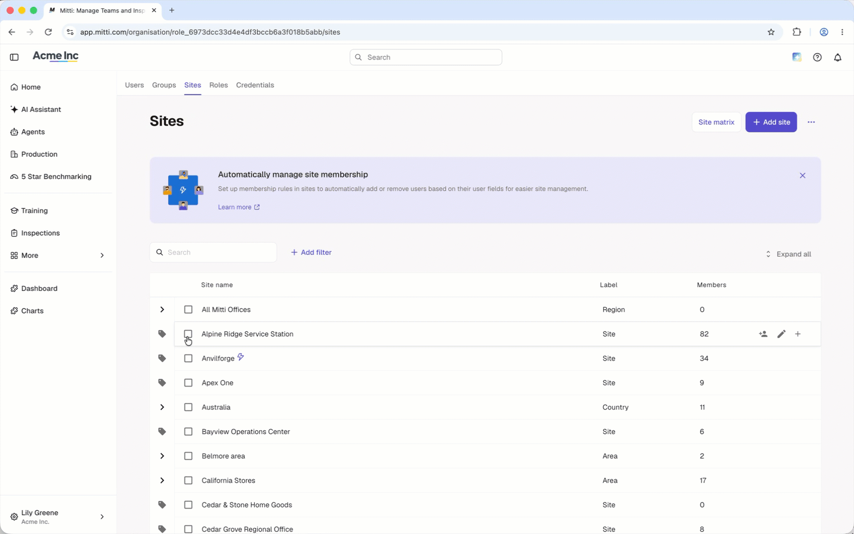 Check the box next to the sites and click Apply time zone to edit the site time zone.