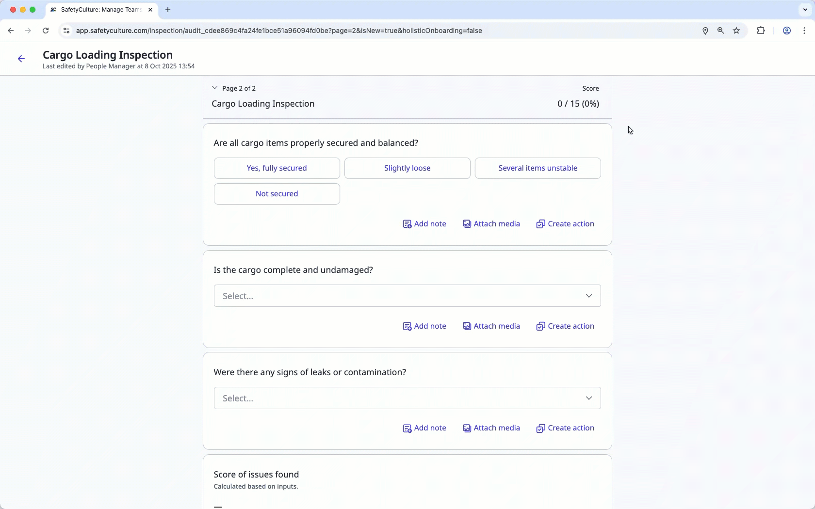 Multiple choice response scoring in an inspection via the web app.