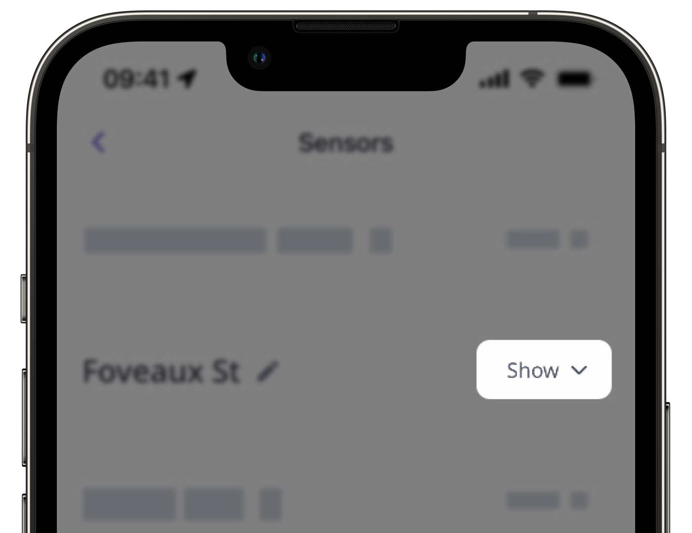 A list of locations with sensors via the mobile app.