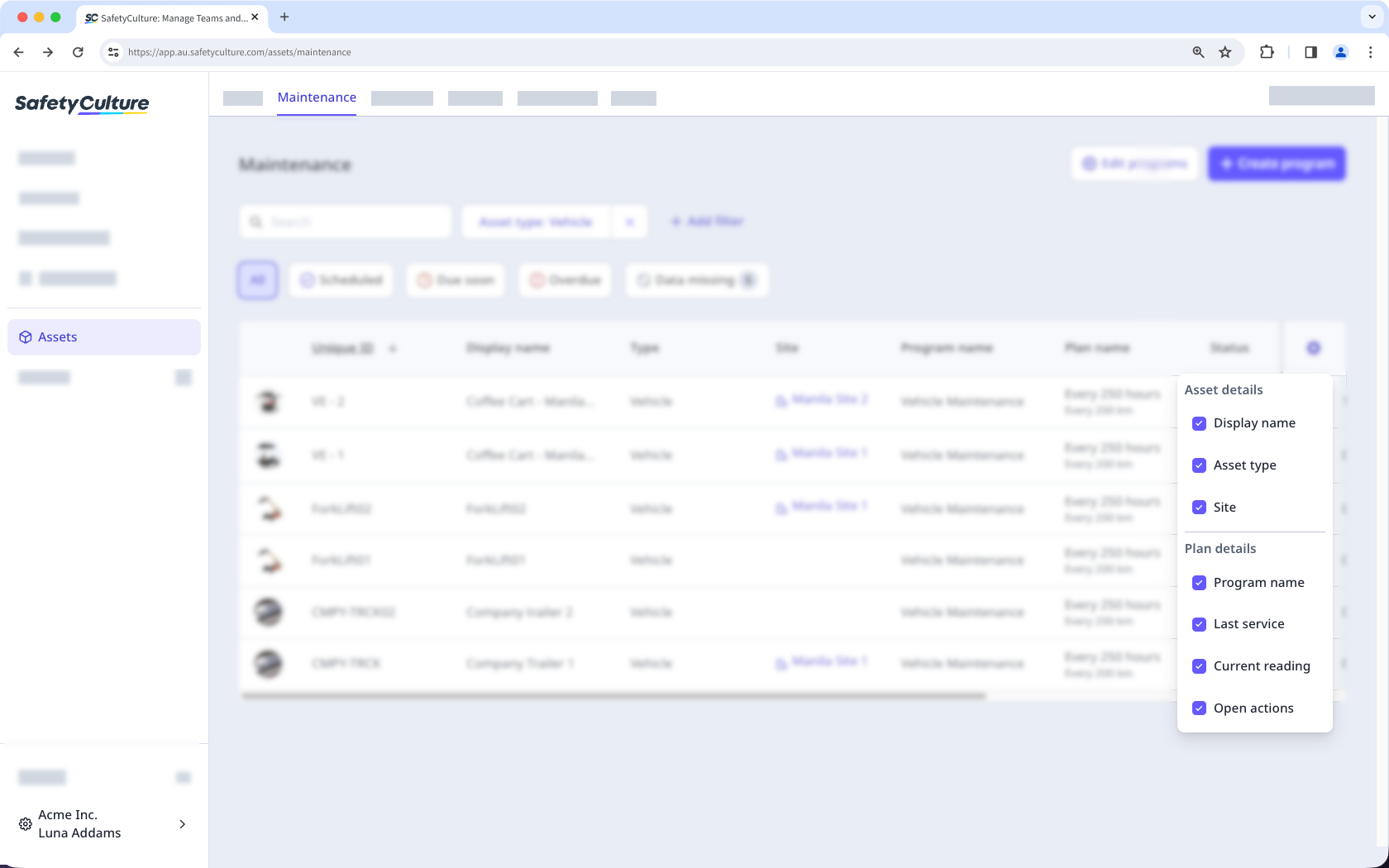 Vea más detalles del activo en la tabla de mantenimiento a través de la aplicación web.