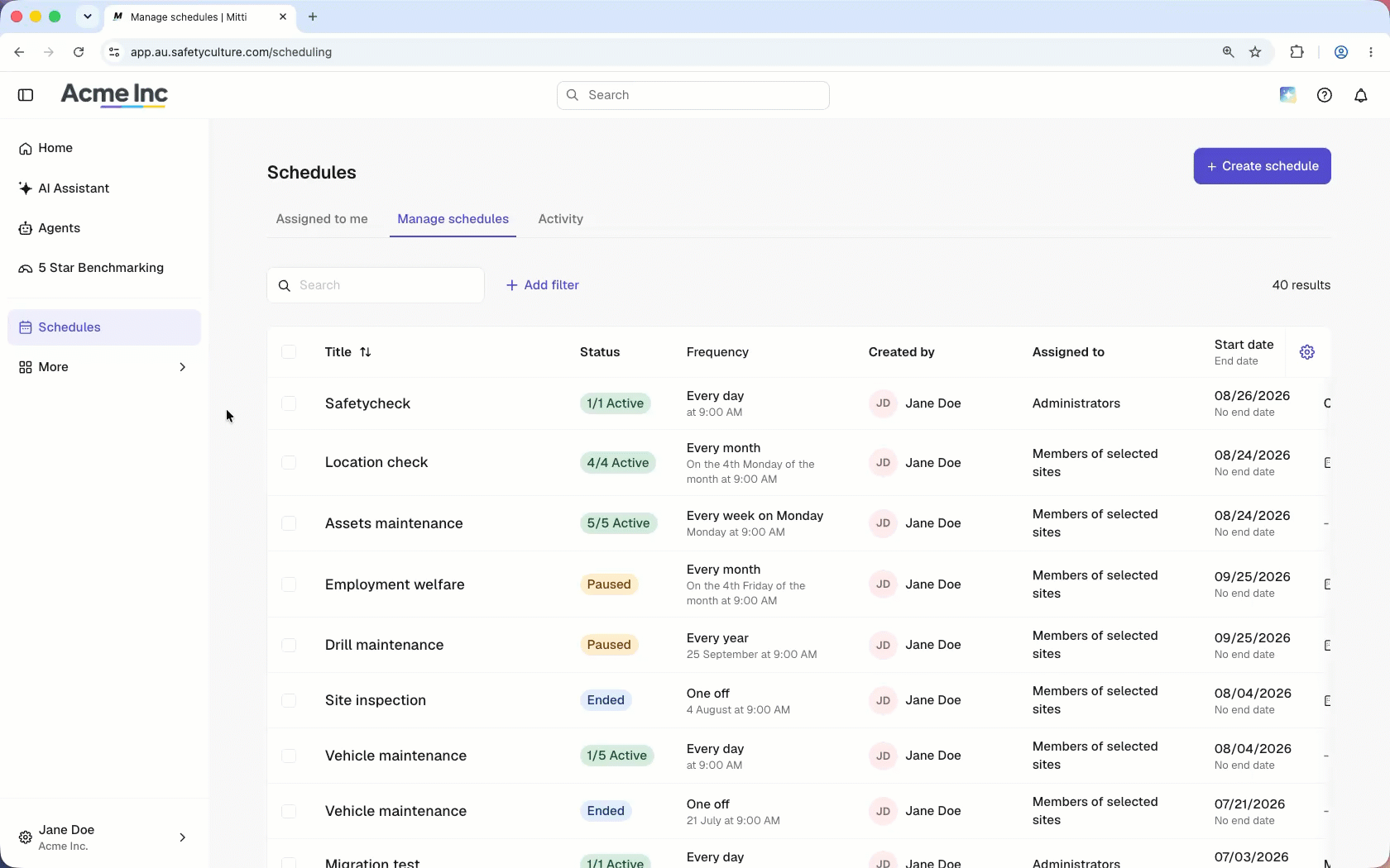 Select multiple main schedules to pause or resume them.