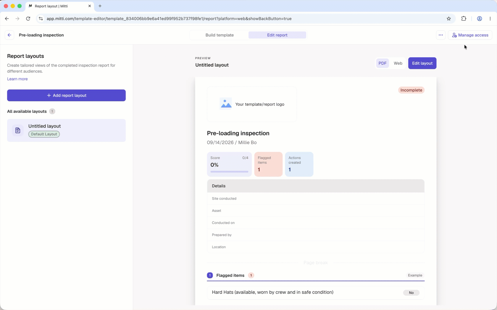 Select "Manage access" in the template editor to edit and add new access rules for a template.