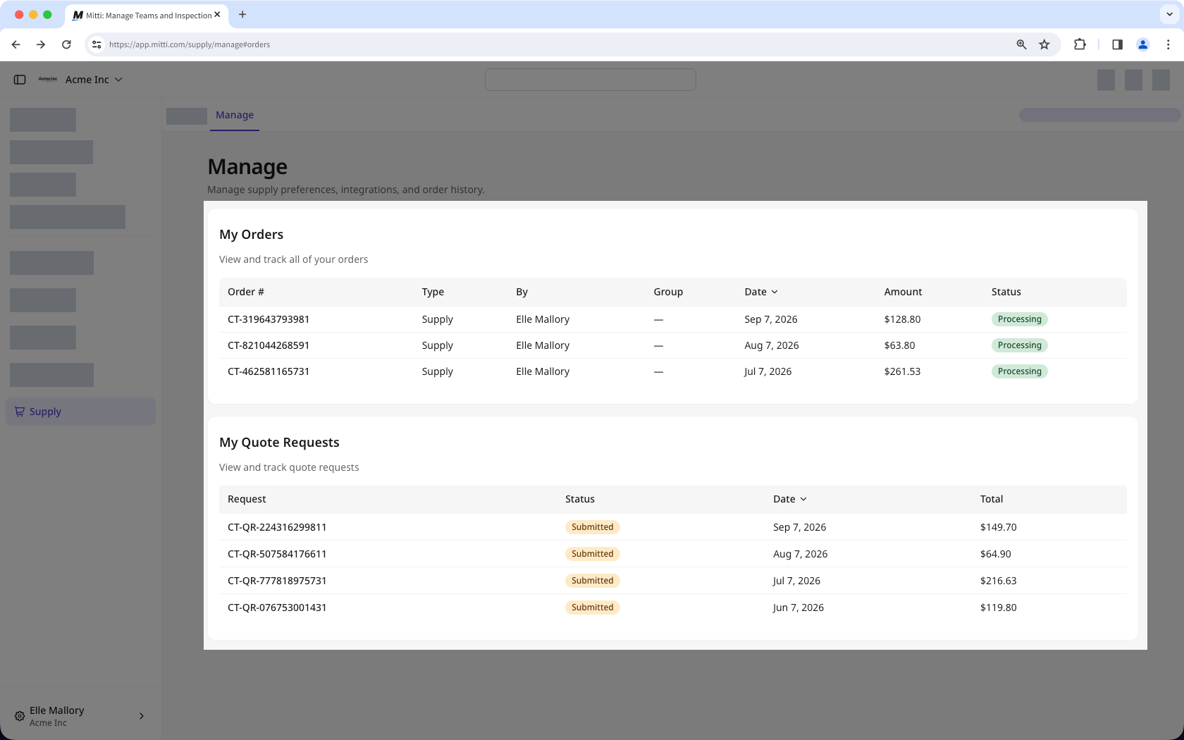 The manage tab listing a user's orders and quote requests with their statuses.