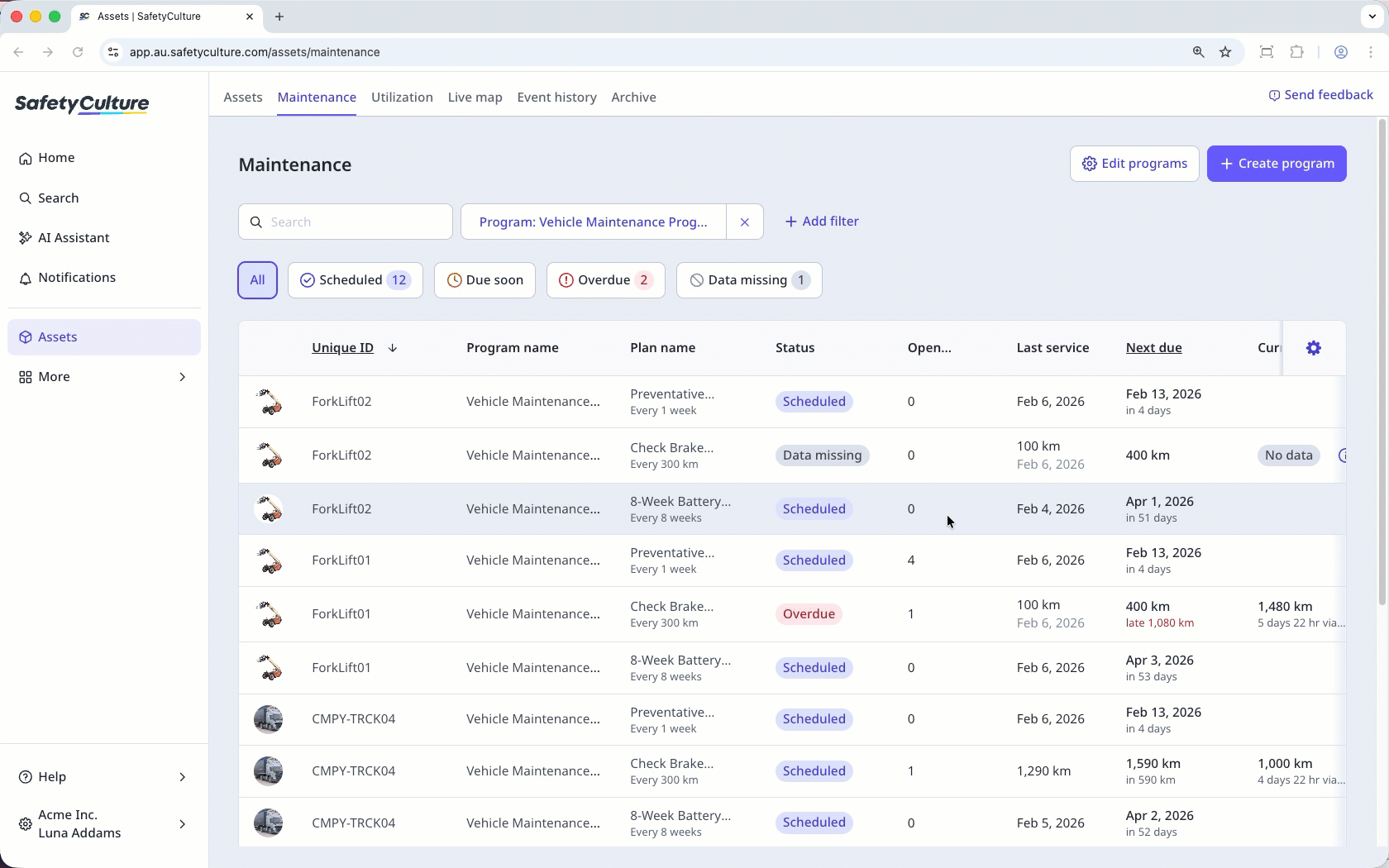 Edit a maintenance plan from the asset via the web app.