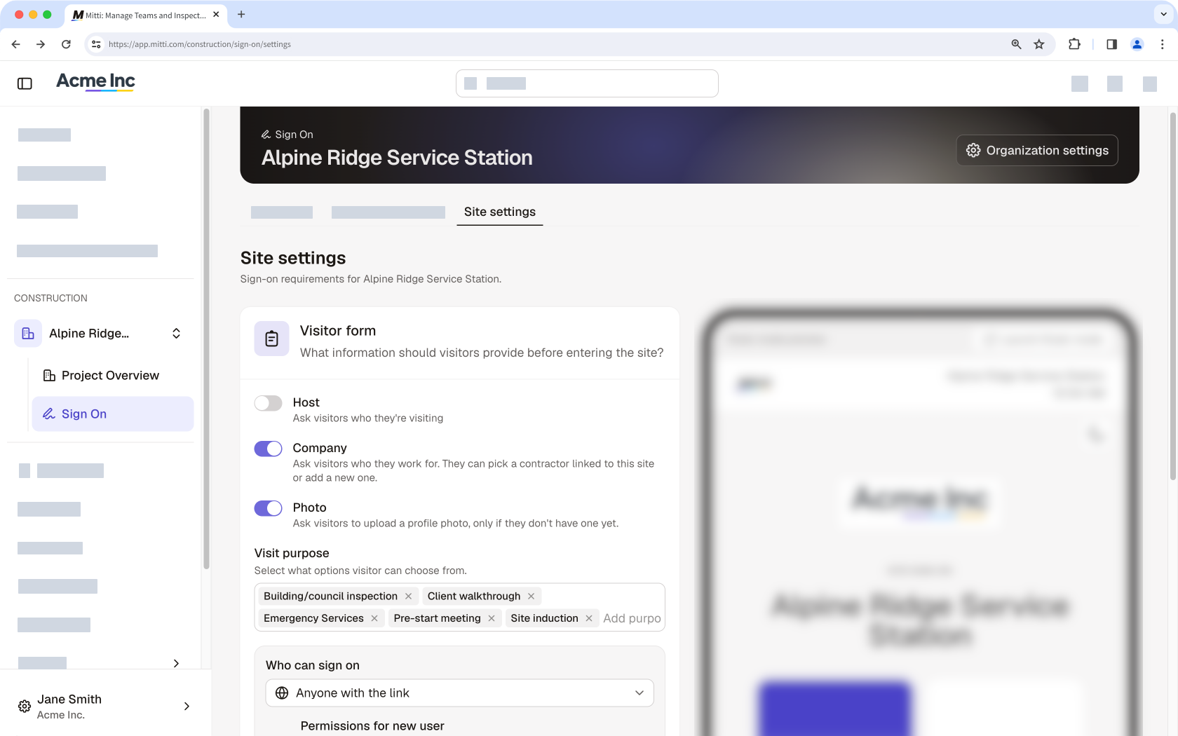 The Sign On Site settings page, with Company and Photo turned on, Host turned off, and visit purpose options listed.