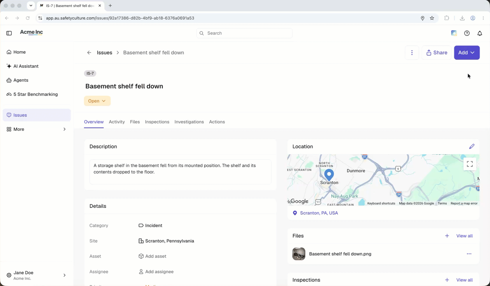 Create an action from the issue profile by clicking "Add" and selecting "Create action."